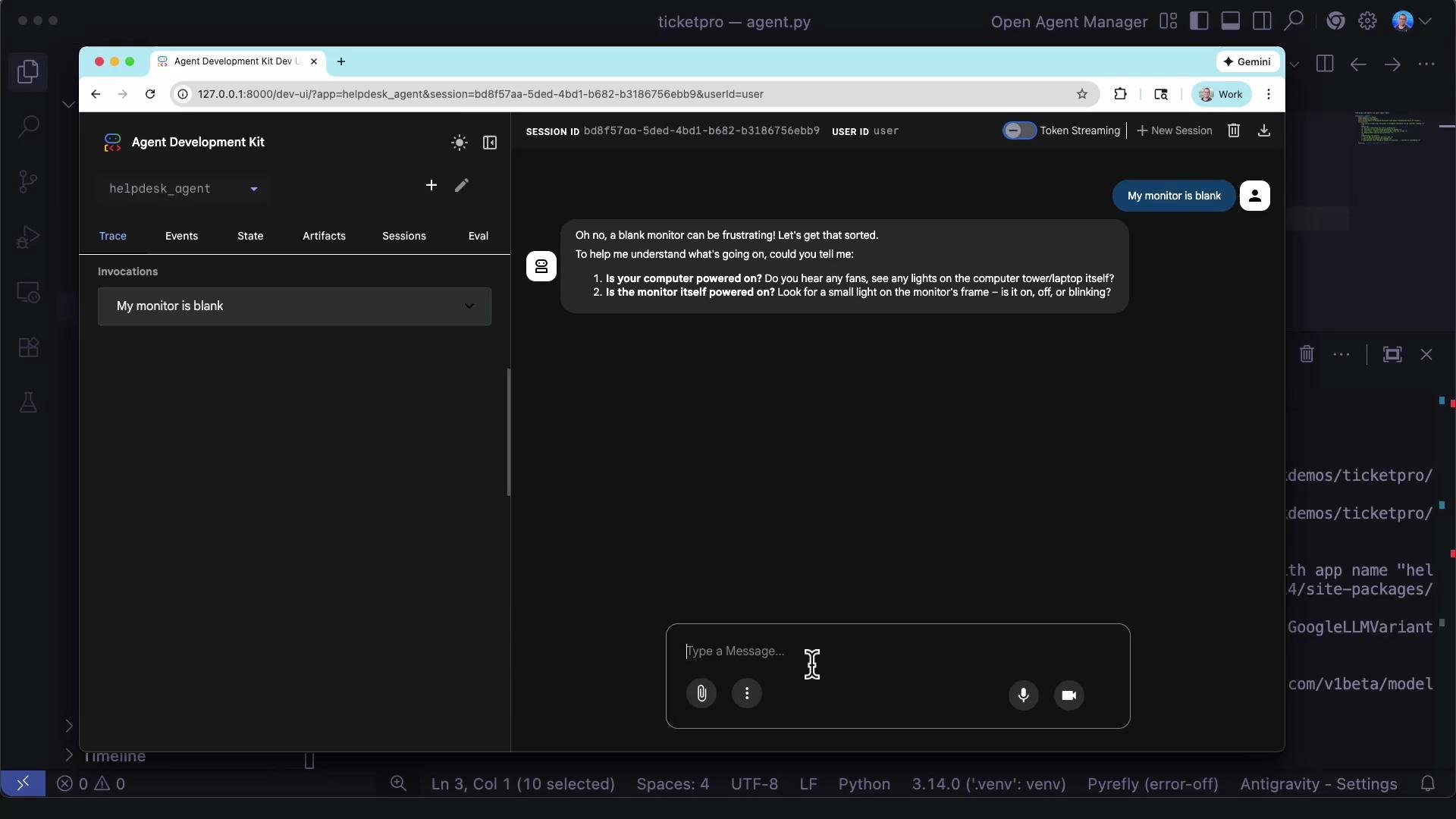A dark-themed desktop screenshot of an "Agent Development Kit" web app showing a chat/helpdesk interface. The chat pane contains a user message "My monitor is blank" and an automated response asking troubleshooting questions.