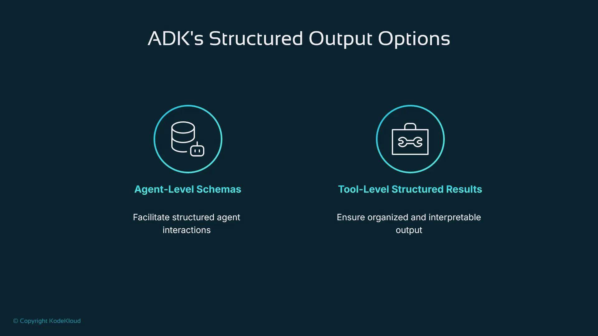 A dark-themed slide titled "ADK's Structured Output Options" showing two circular icons and labels: "Agent-Level Schemas" (database icon) with the caption "Facilitate structured agent interactions," and "Tool-Level Structured Results" (toolbox icon) with the caption "Ensure organized and interpretable output."