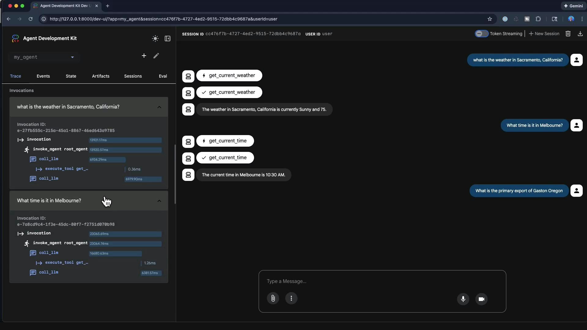 A dark-themed screenshot of an "Agent Development Kit" web UI showing a chat session on the right with user queries (e.g., weather in Sacramento, time in Melbourne) and tool-call response bubbles. The left pane shows invocation logs and timing bars for those agent calls.