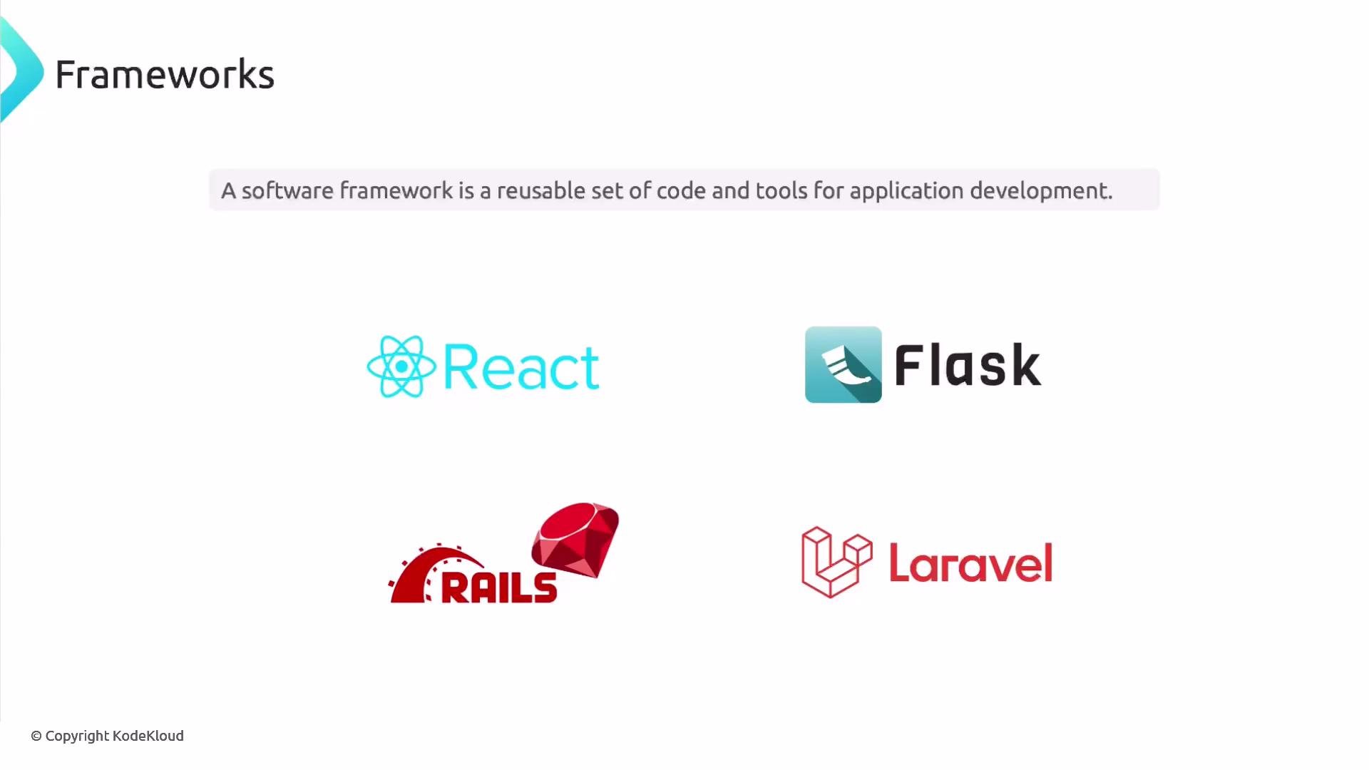 A presentation slide titled "Frameworks" with the definition "A software framework is a reusable set of code and tools for application development." It also shows logos for React, Flask, Ruby on Rails, and Laravel.