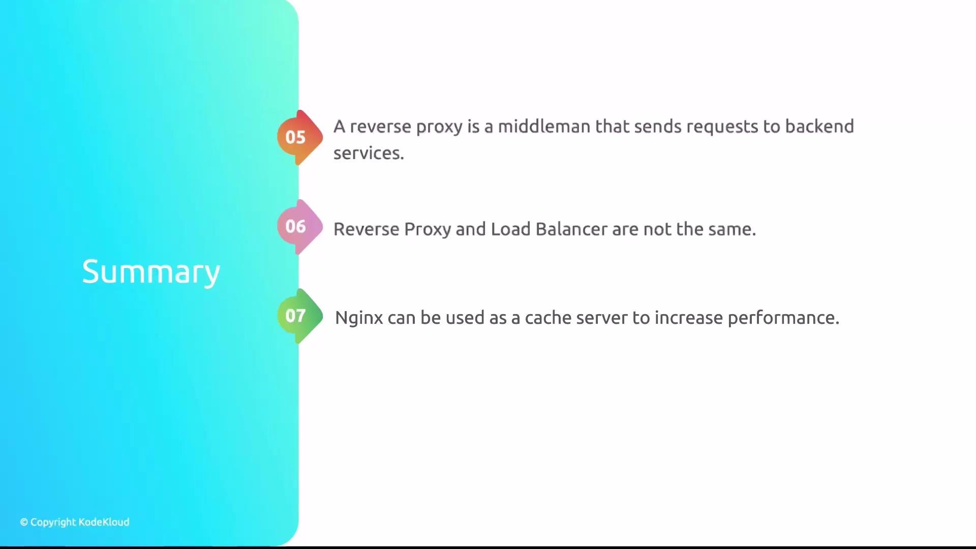 A slide titled "Summary" with a blue gradient sidebar. It lists three points: a reverse proxy is a middleman to backend services, it’s not the same as a load balancer, and Nginx can be used as a cache server to boost performance.
