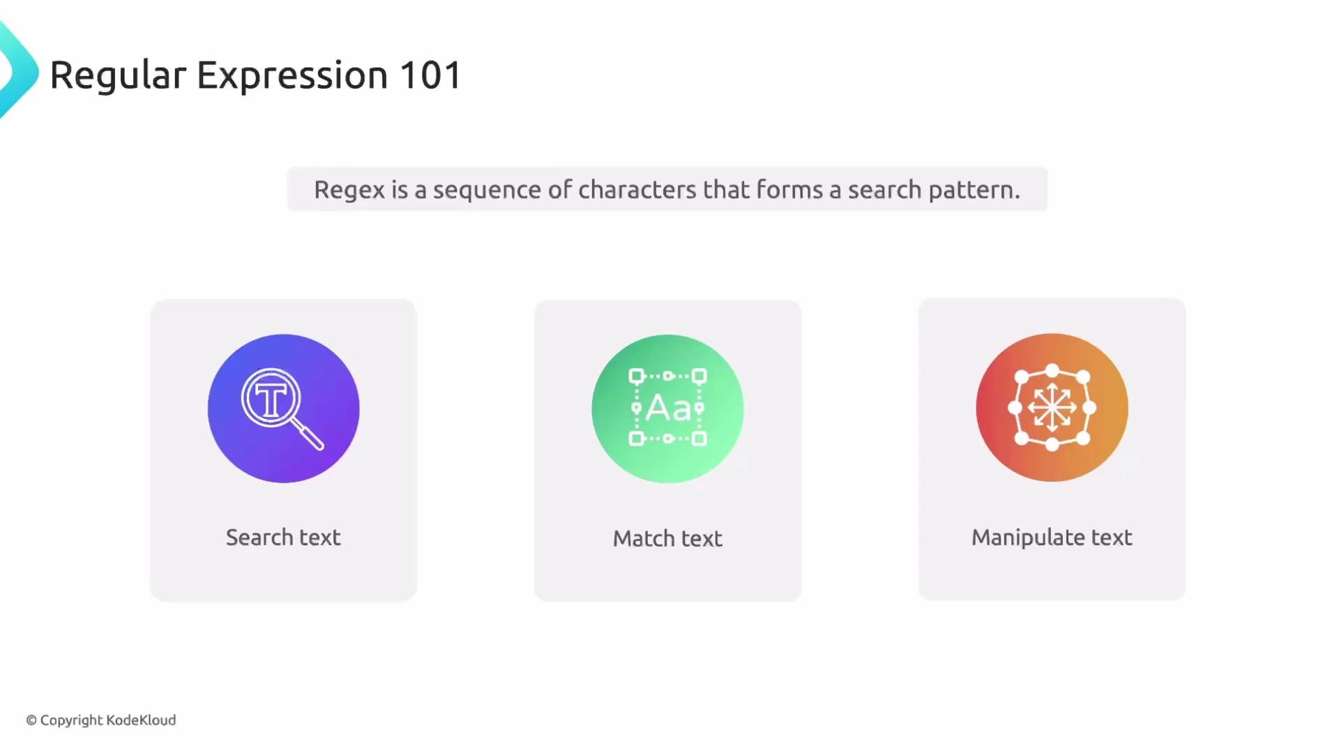 The image is a slide titled "Regular Expression 101" with the subtitle "Regex is a sequence of characters that forms a search pattern." Below it are three colorful icons labeled "Search text", "Match text", and "Manipulate text."