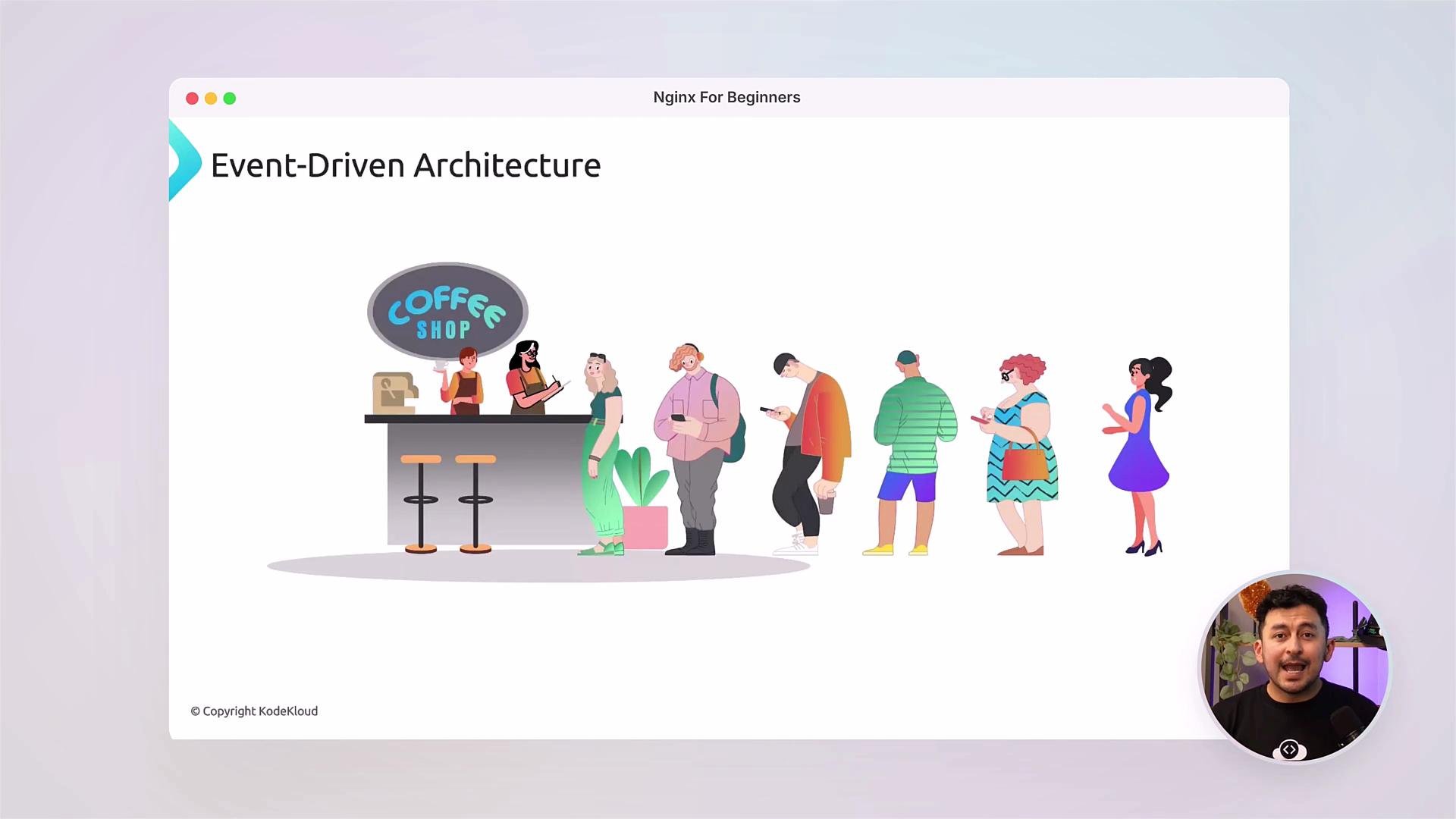 A slide titled "Event-Driven Architecture" showing a cartoon coffee shop with baristas behind the counter and several customers queued up. A small circular video inset of a person speaking appears in the bottom-right corner.
