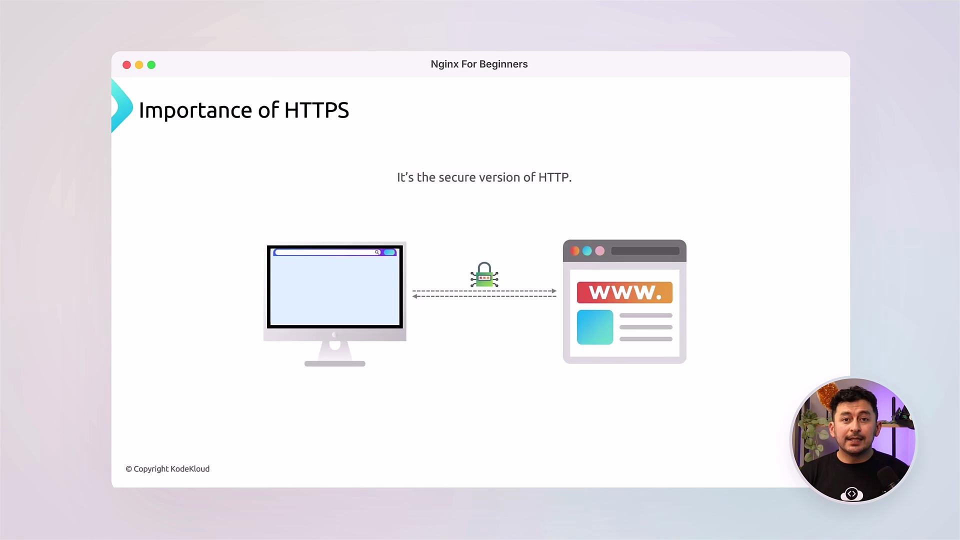 A presentation slide titled "Importance of HTTPS" showing a computer and a browser window linked by a padlock icon to illustrate secure HTTP. A small circular video inset of the presenter appears in the bottom-right.