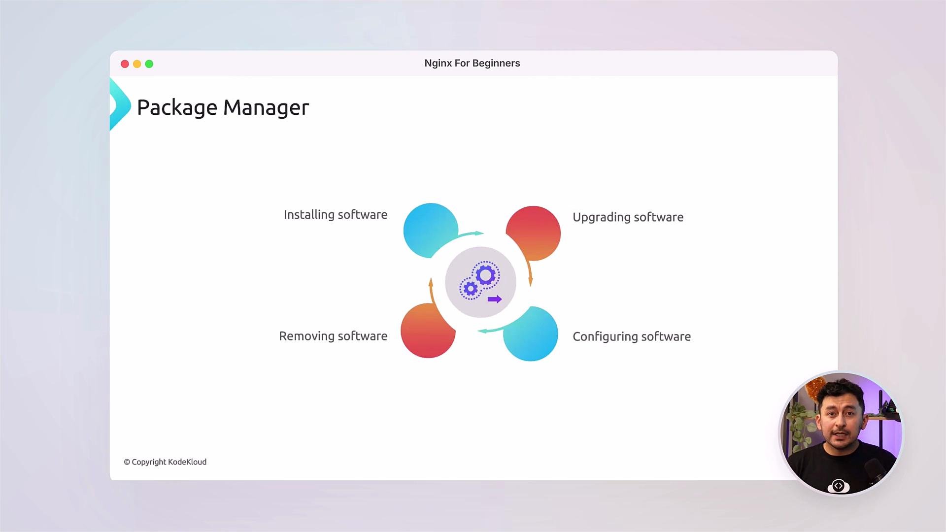A presentation slide titled "Package Manager" with a circular diagram showing four colored nodes labeled Installing, Upgrading, Configuring, and Removing software. A small video inset of a presenter appears in the lower-right corner.