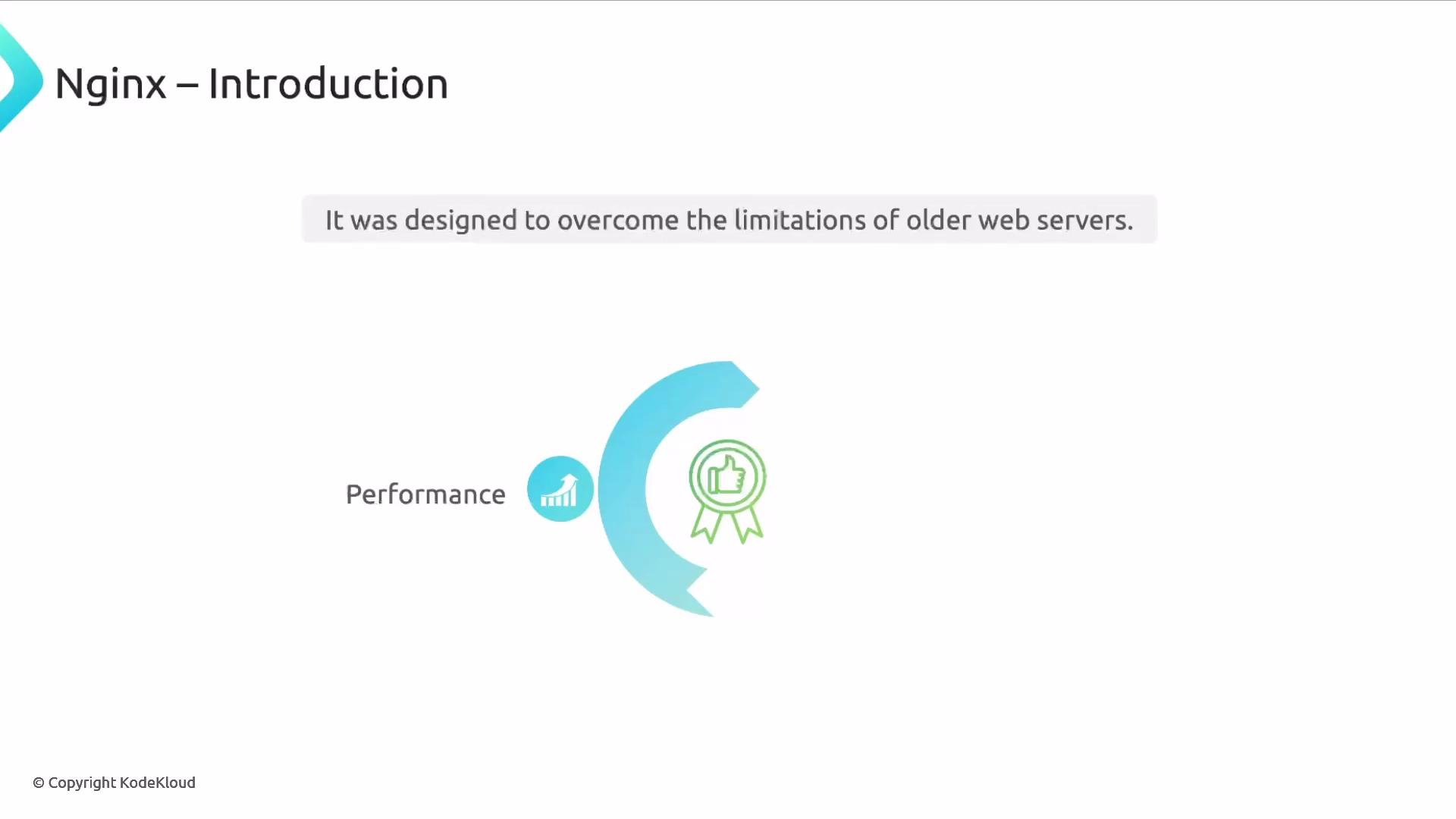 A presentation slide titled "Nginx – Introduction" with the line "It was designed to overcome the limitations of older web servers." The slide also shows performance-related icons, including a growth chart and a thumbs-up badge.