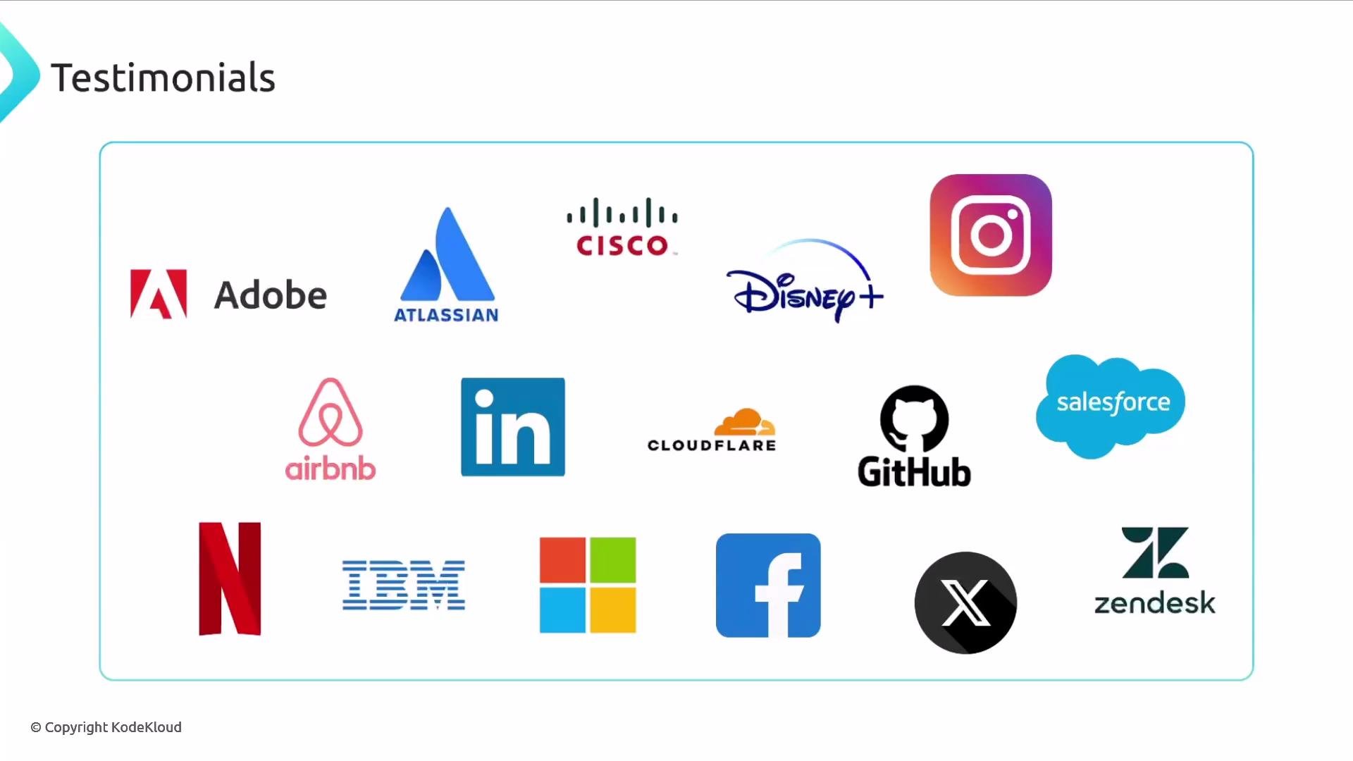 A slide titled "Testimonials" showing a grid of well-known company logos. Examples include Adobe, Atlassian, Cisco, Disney+, Instagram, Airbnb, LinkedIn, Cloudflare, GitHub, Salesforce, Netflix, IBM, Microsoft, Facebook, X and Zendesk.