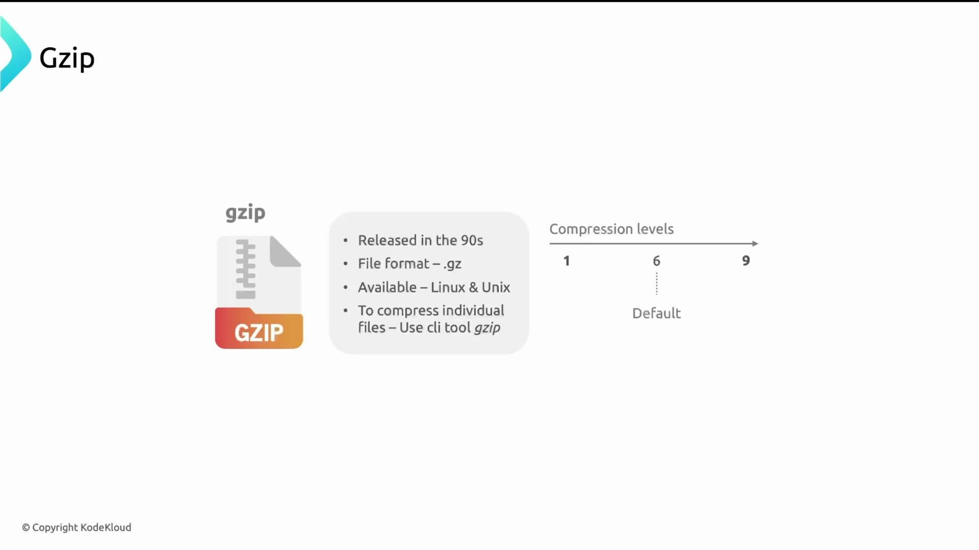 A slide about Gzip showing an icon and brief facts (released in the 90s, .gz file format, available on Linux/Unix, use the gzip CLI). It also shows a compression-level scale from 1 to 9 with 6 marked as the default.