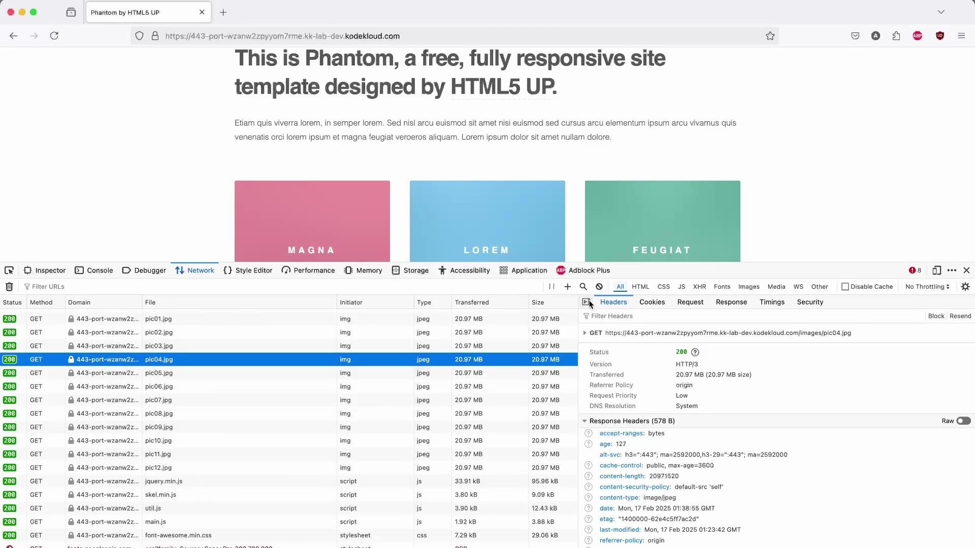 A browser screenshot showing the "This is Phantom" HTML5 UP template with three colored feature tiles near the top. The developer tools Network panel is open at the bottom, listing many GET requests and showing headers for a selected image.