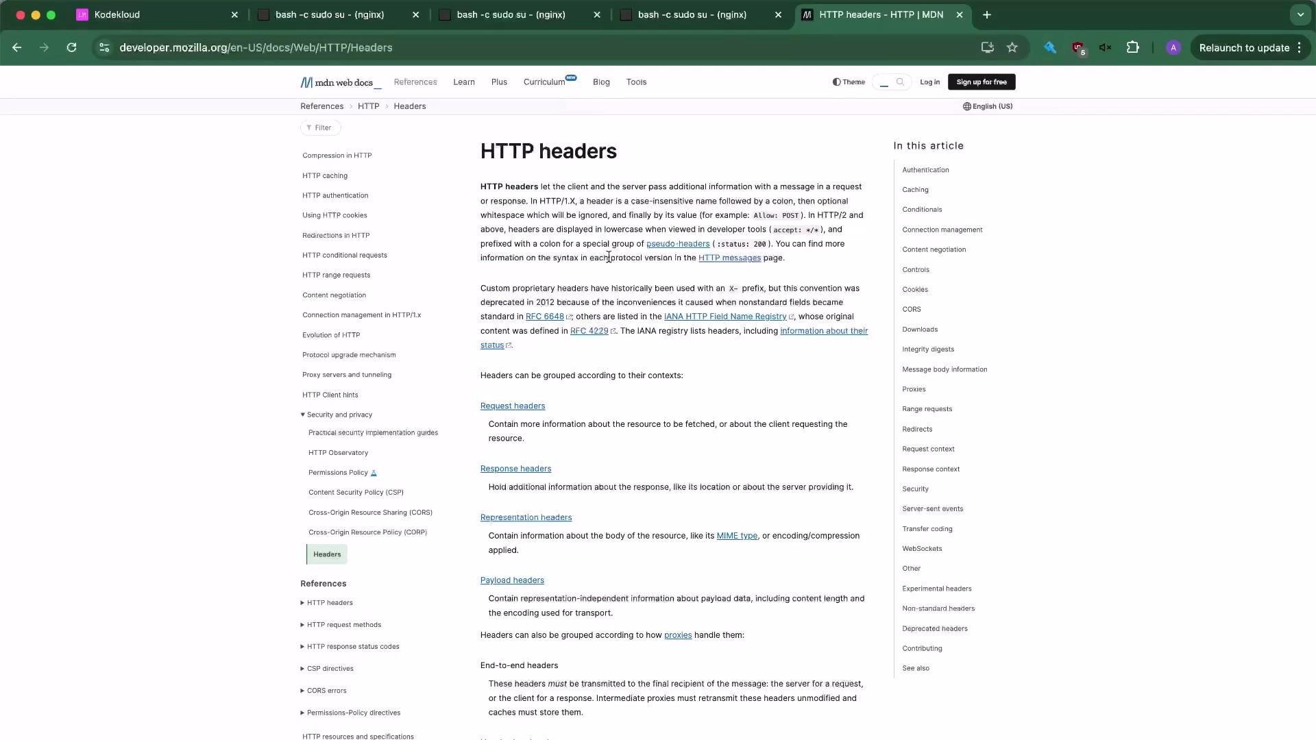 A screenshot of the MDN Web Docs page titled "HTTP headers," showing explanatory text and section links about different types of HTTP headers. The page layout includes a left navigation column, main article content in the center, and a right-hand table of contents.