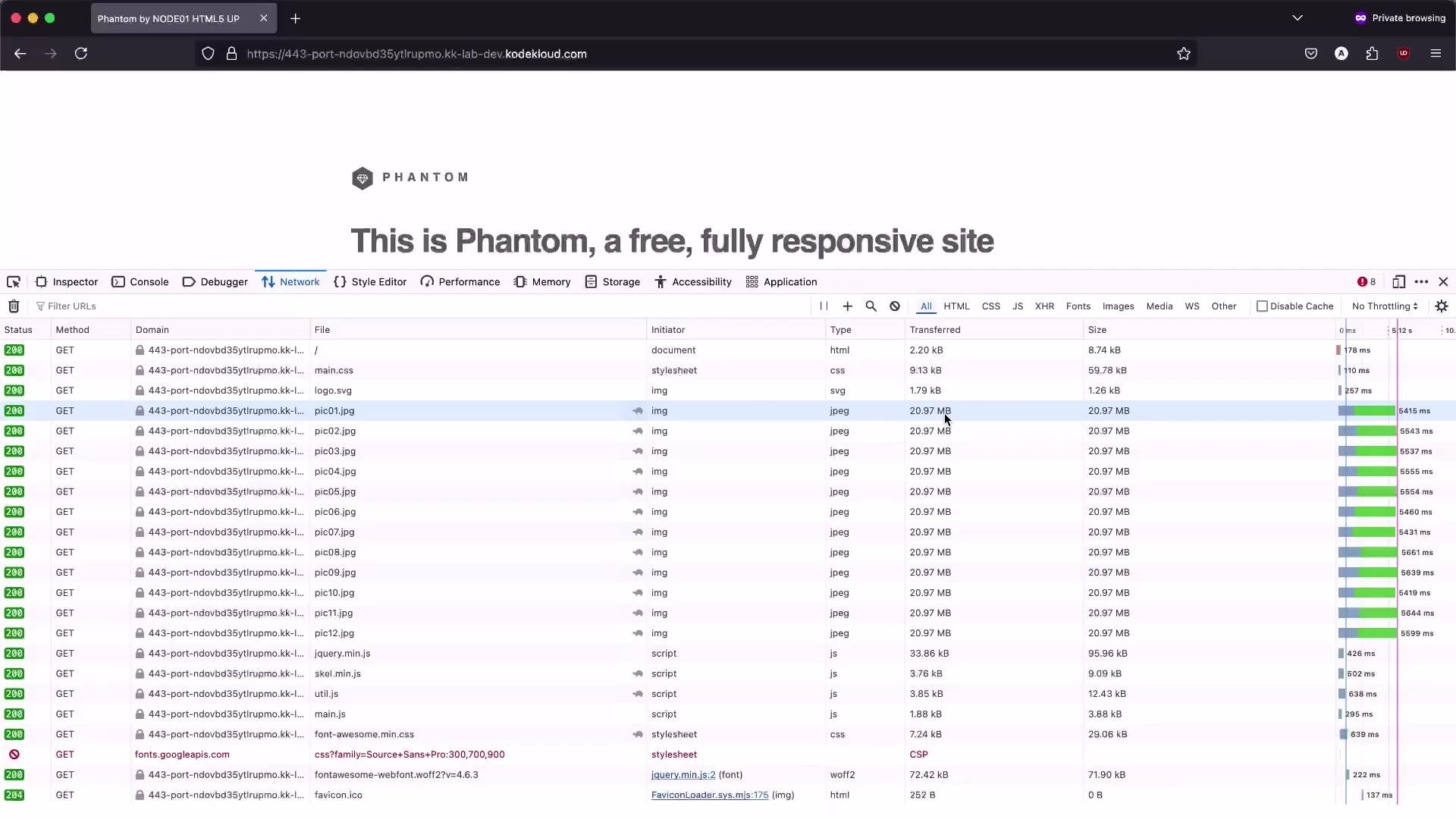 A browser screenshot showing a webpage header that reads "This is Phantom, a free, fully responsive site." The developer tools Network panel is open below, listing many GET requests, file names, types and transfer sizes.