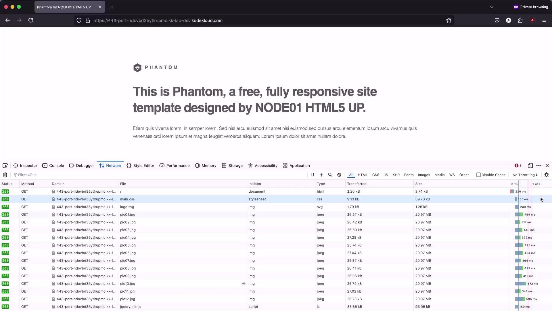 A browser window showing the "Phantom" website template with a large headline and placeholder text. The browser's developer tools (Network tab) are open at the bottom, listing many GET requests and resource details.