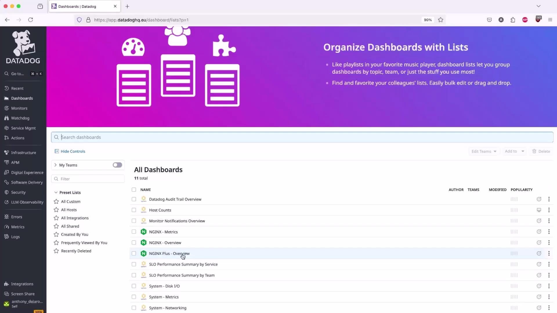 A screenshot of the Datadog web app displaying an "All Dashboards" list with various dashboard names and a purple banner that reads "Organize Dashboards with Lists." The left sidebar shows navigation items like Dashboards, Monitors, and Integrations.
