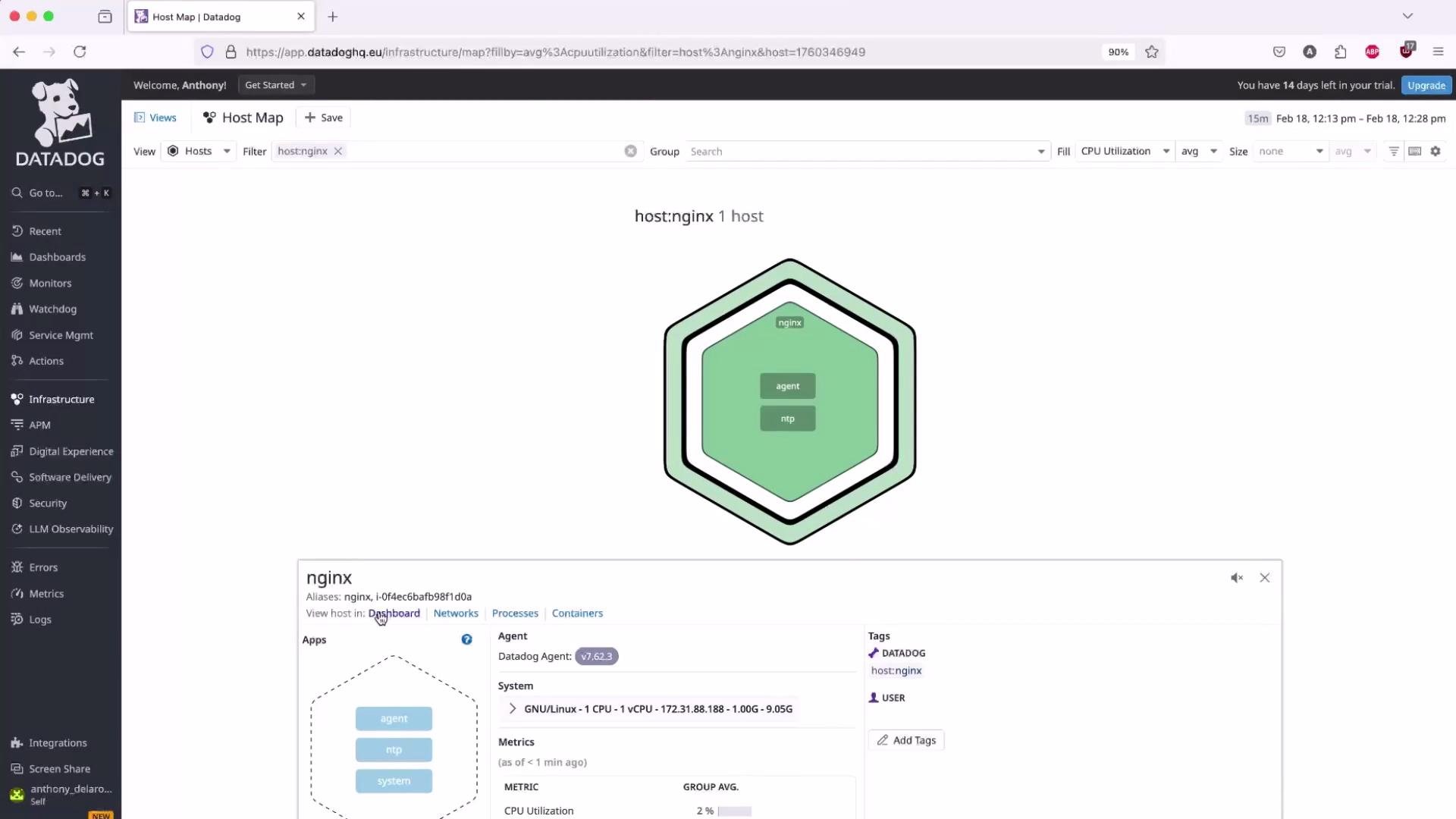 A screenshot of the Datadog web UI showing a Host Map for a single "nginx" host, displayed as a green hexagon. The host details list components like "agent" and "ntp" and show system/metrics panels on the page.
