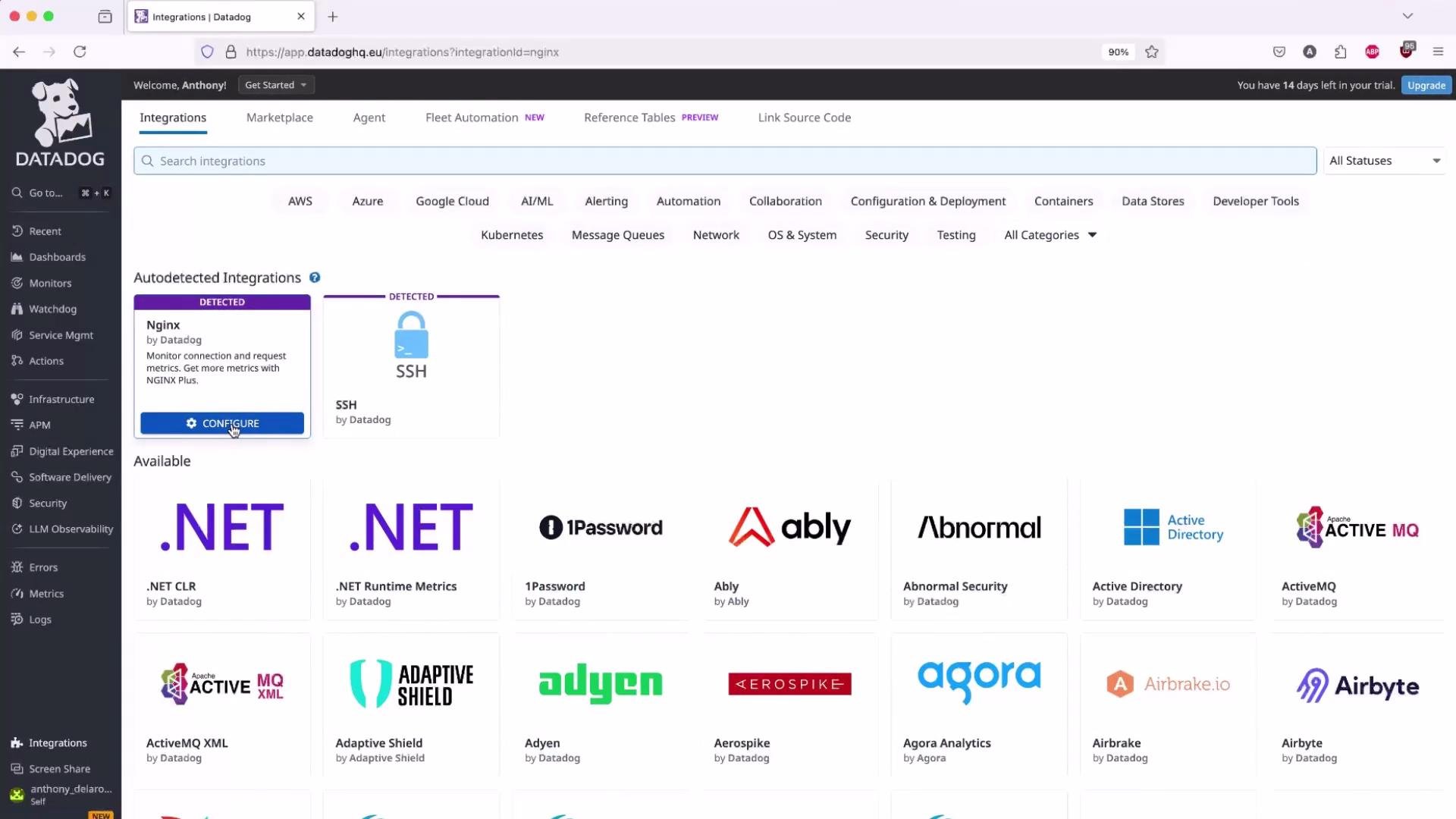 A screenshot of the Datadog Integrations page showing autodetected integrations (Nginx and SSH) at the top and a grid of available integration tiles (e.g., .NET, 1Password, Active Directory, Ably) below. The Datadog sidebar navigation and search/filter bar are also visible.