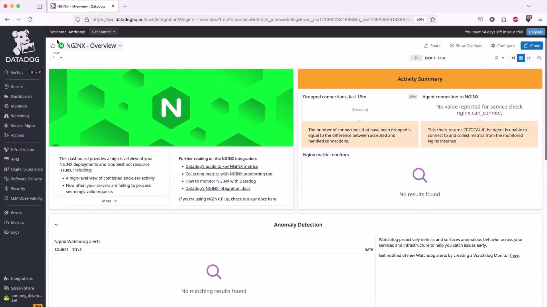 A screenshot of the Datadog web app showing an "NGINX - Overview" dashboard. It displays a large green NGINX banner, activity summary panels on the right, and sections for alerts and anomaly detection below.