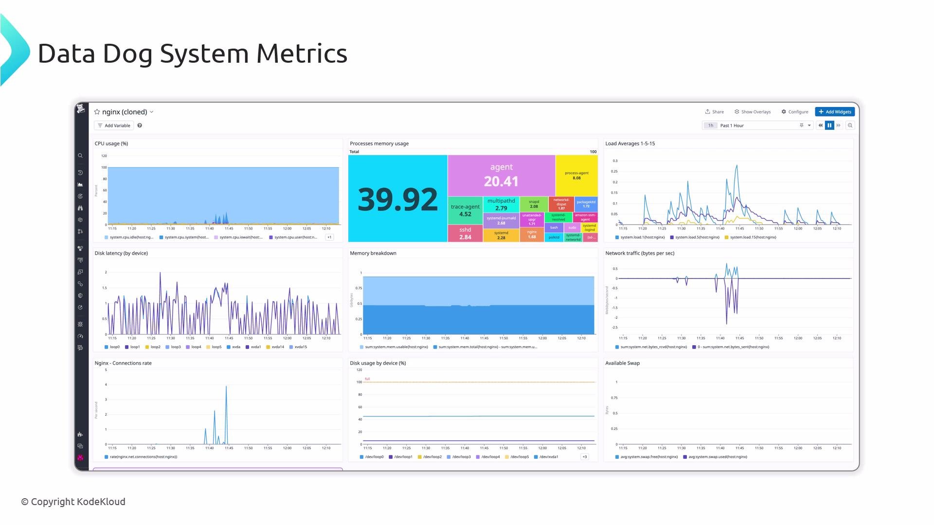 Screenshot of a DataDog system metrics dashboard. It shows multiple monitoring charts—CPU and memory (including a treemap), load averages, disk latency, network traffic and disk usage—for an nginx host.