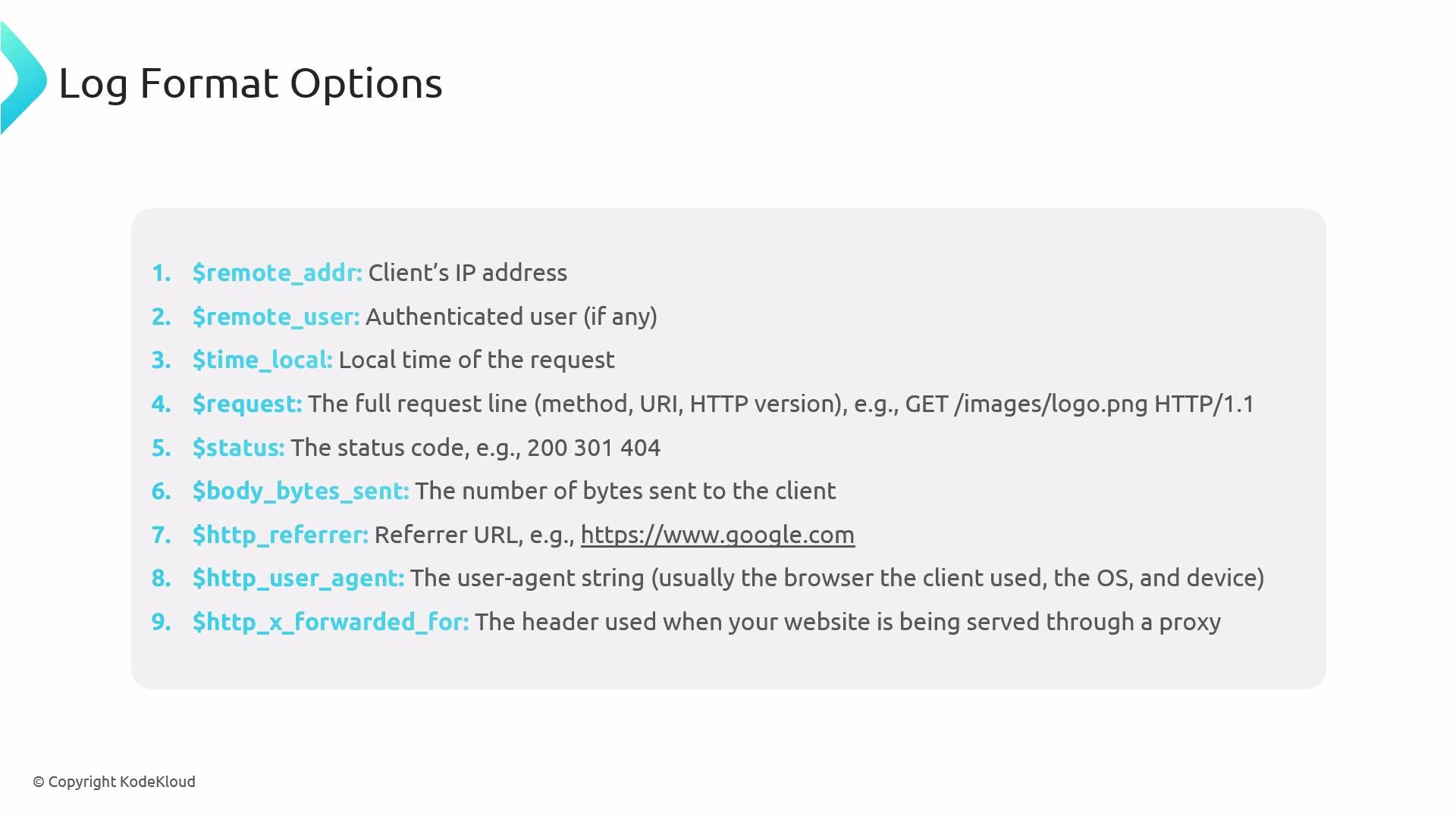 A presentation slide titled "Log Format Options" that lists common web-server log variables (e.g., remote_addr, remote_user, time_local, request, $status) with short descriptions. The content is shown inside a rounded light-gray box with a KodeKloud copyright.