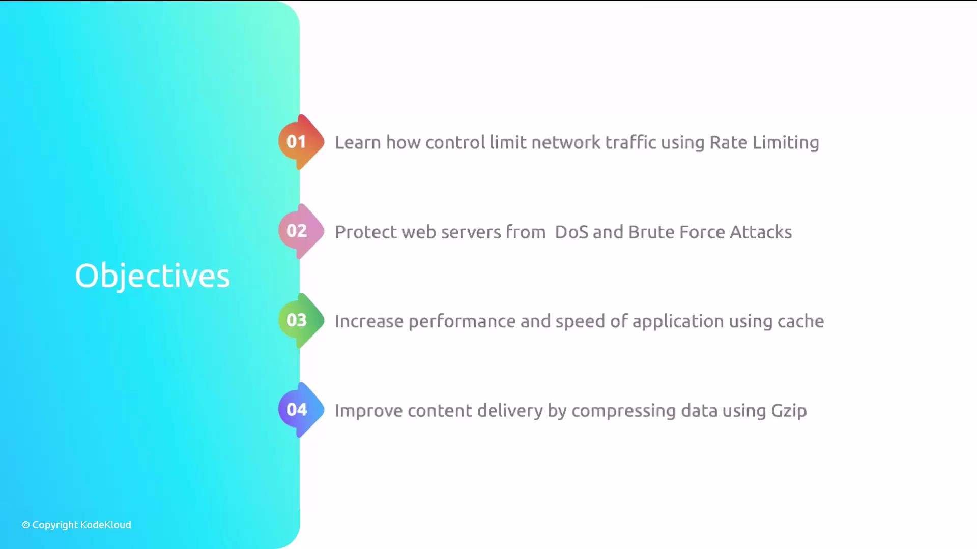 A presentation slide titled "Objectives" with a teal gradient sidebar and four colorful numbered markers. The listed goals are: rate-limit network traffic, protect web servers from DoS and brute-force attacks, boost application speed with caching, and improve delivery by compressing data with Gzip.