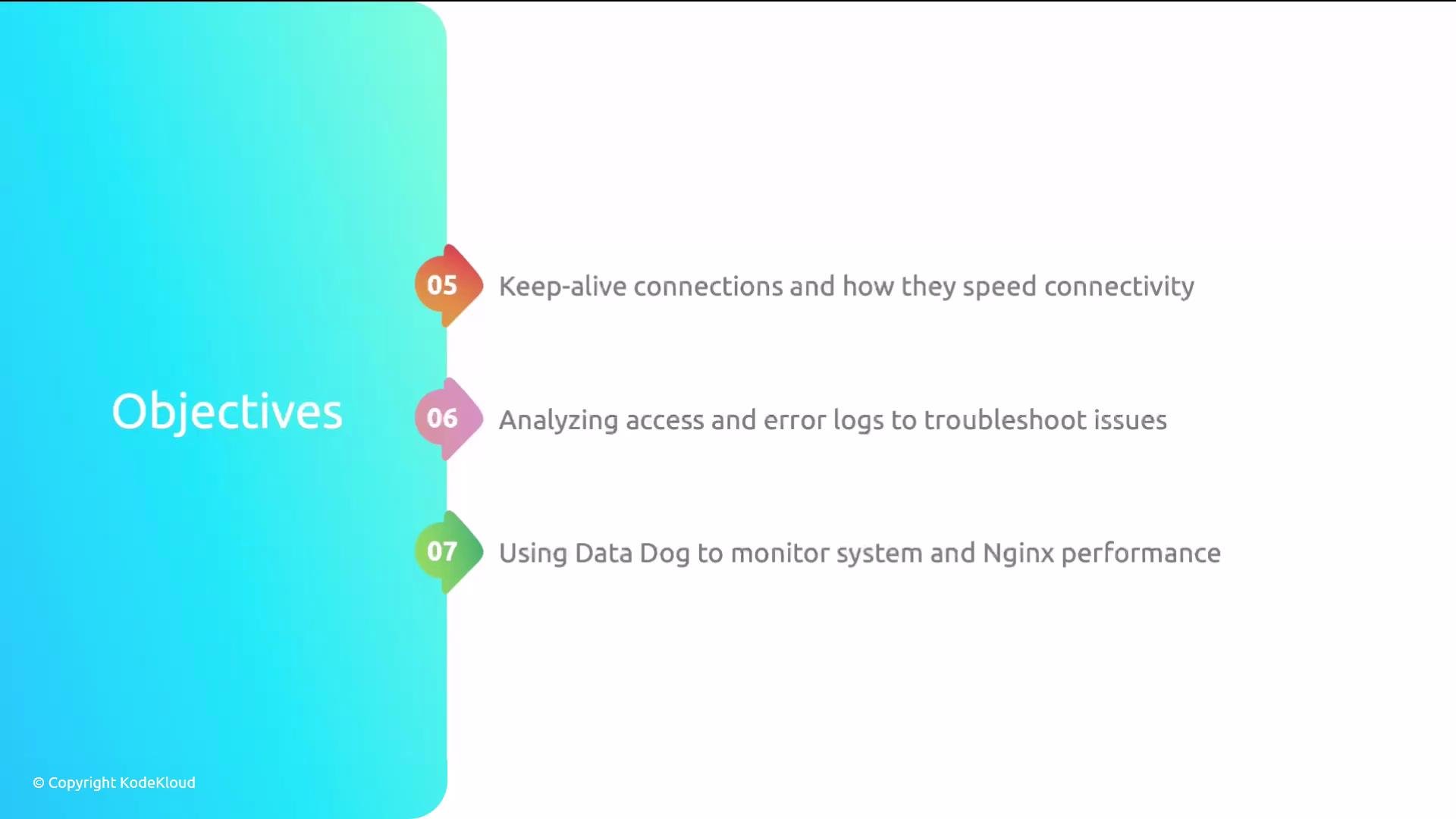 A presentation slide titled "Objectives" with a turquoise gradient panel on the left. On the right are three numbered items about keep-alive connections, analyzing access and error logs, and using Data Dog to monitor system and Nginx performance.