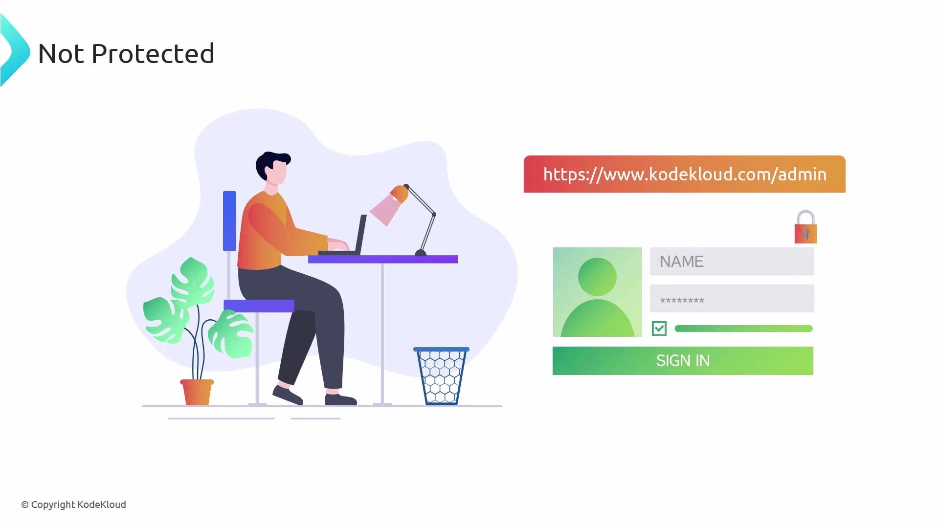 An illustration of a person sitting at a desk working on a laptop. To the right is a login form and URL ("https://www.kodekloud.com/admin") under the heading "Not Protected."