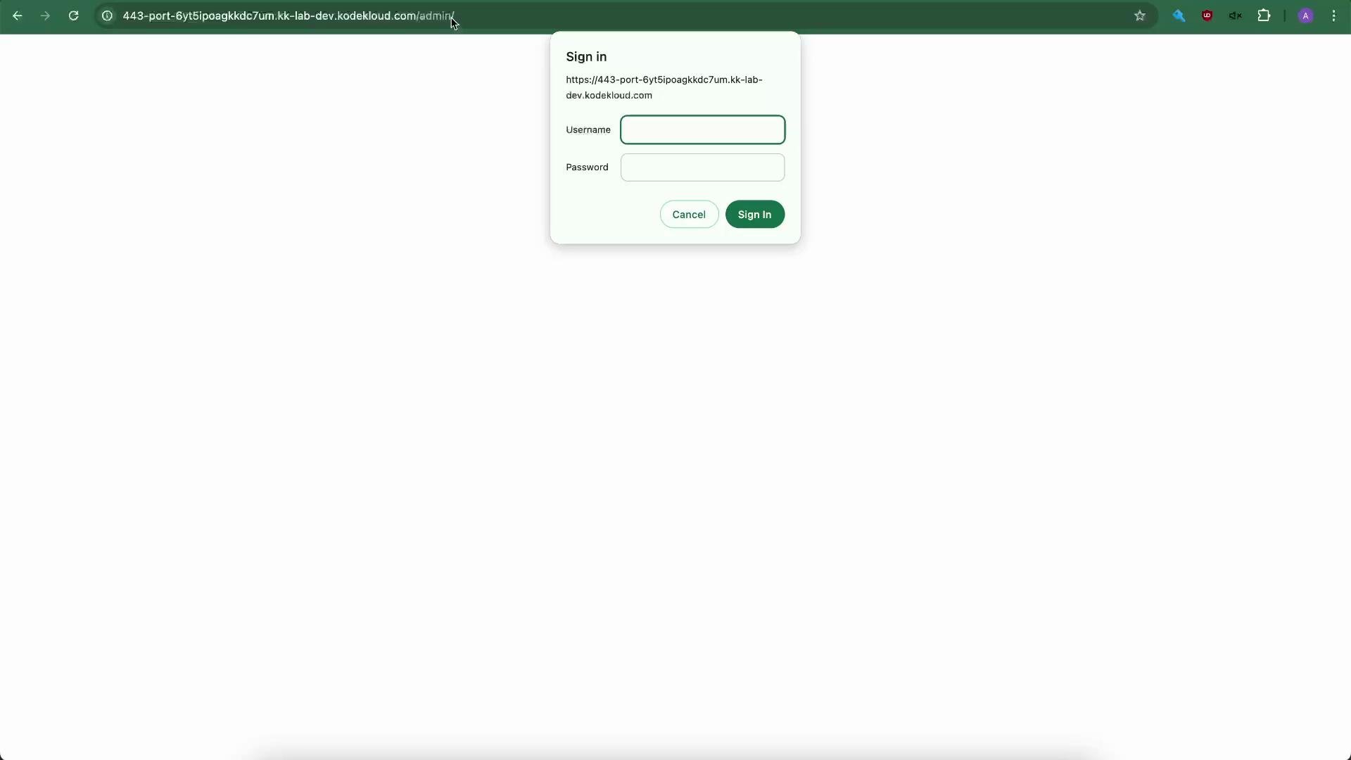 A browser screenshot showing a sign-in dialog box with username and password fields and "Cancel" and "Sign In" buttons near the top center. The address bar displays a kodekloud.dev URL.