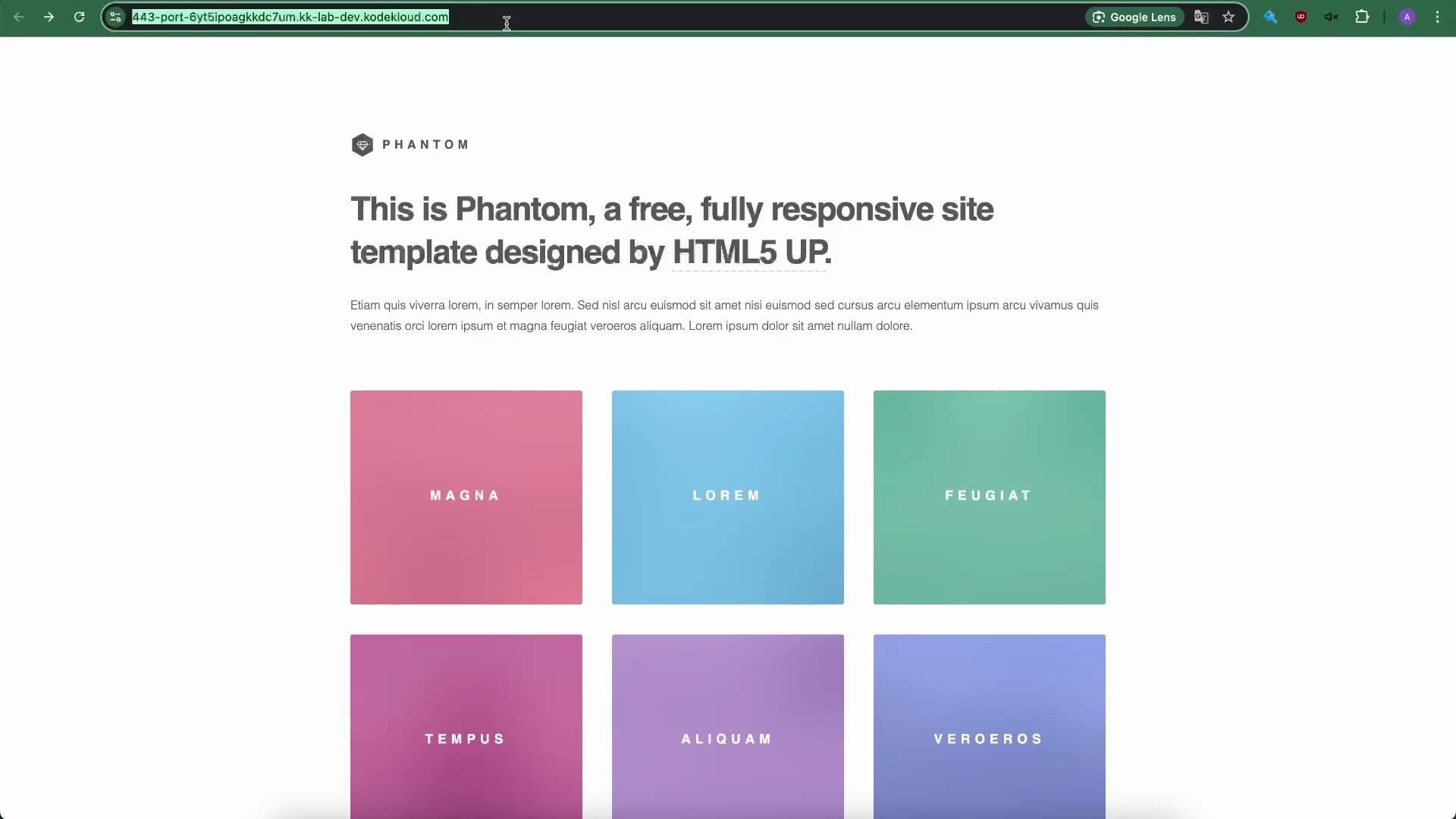 A screenshot of a clean webpage template called "Phantom" with a large headline announcing it's a free, fully responsive HTML5 UP template. Below the header is a grid of colorful square tiles labeled with words like "Magna", "Lorem", and "Feugiat".