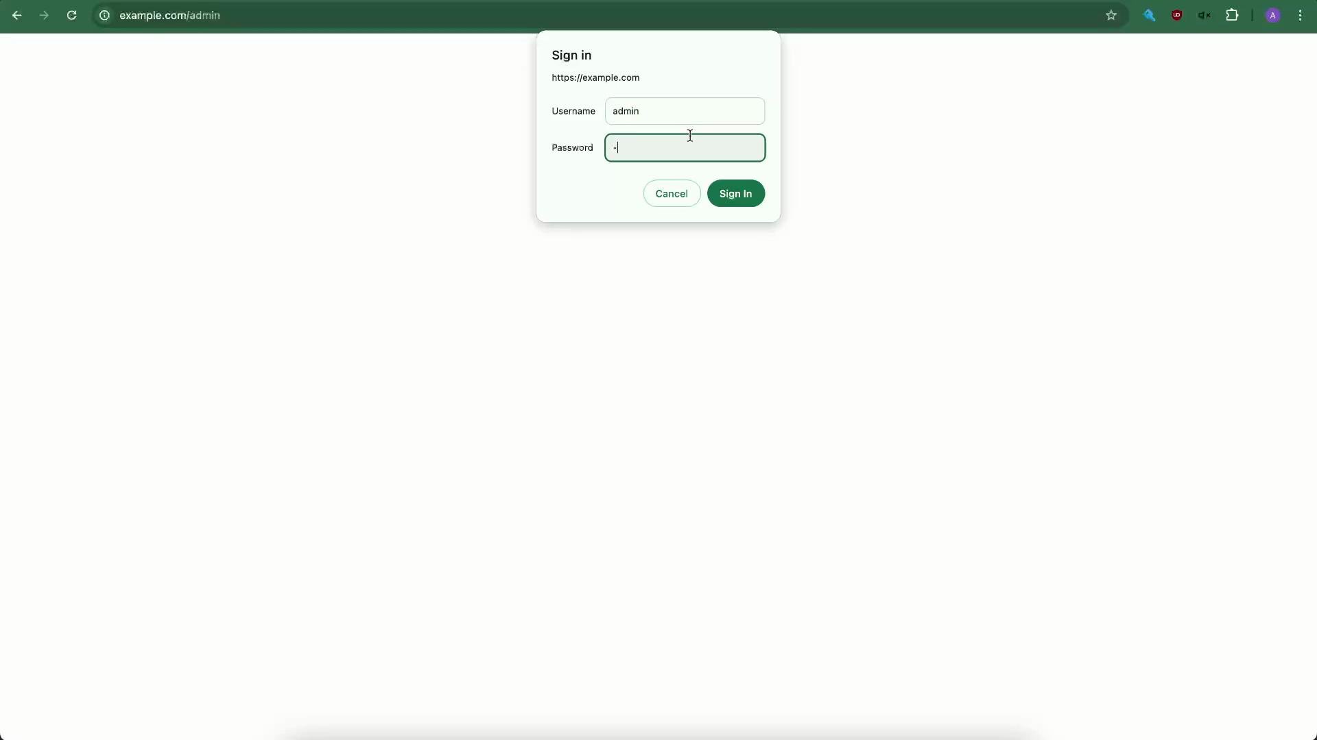 A browser screenshot showing a sign-in dialog for "https://example.com" with the username "admin" filled in and a masked password field, plus "Cancel" and "Sign In" buttons. The rest of the page is mostly blank.