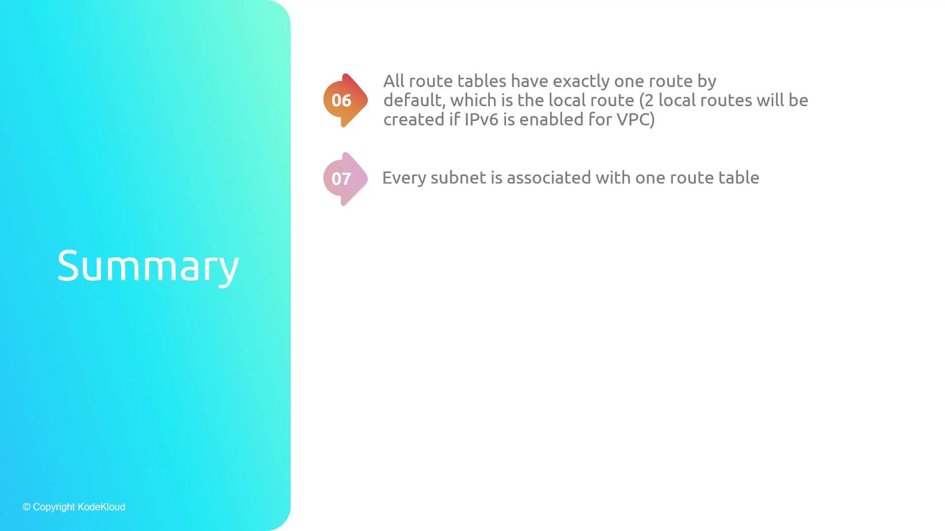 A presentation summary slide with a turquoise left panel and two numbered points on the right. The points state that route tables have a default local route (two if IPv6 is enabled) and that every subnet is associated with one route table.