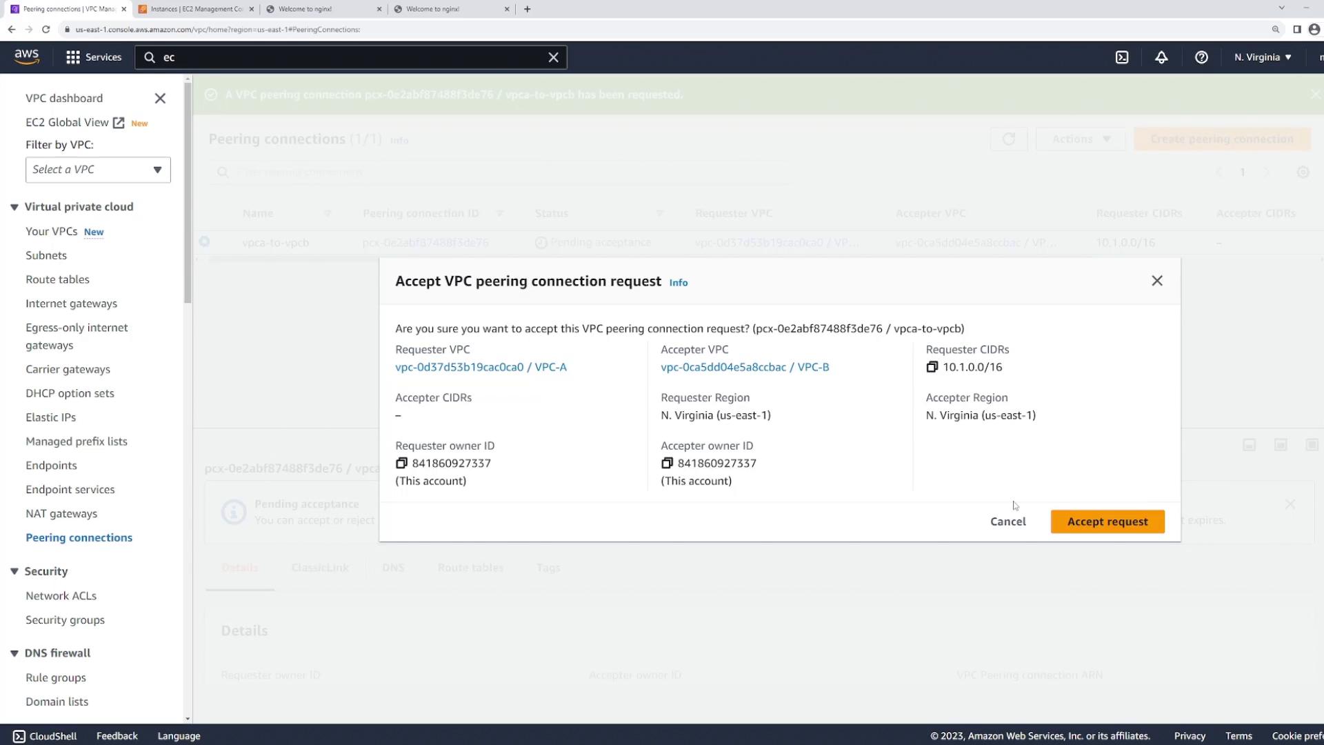 The screenshot shows the AWS VPC console with a modal dialog titled "Accept VPC peering connection request" displaying requester and accepter VPC details, owner IDs, and CIDR information. There are navigation menus on the left and an "Accept request" button at the bottom right of the dialog.