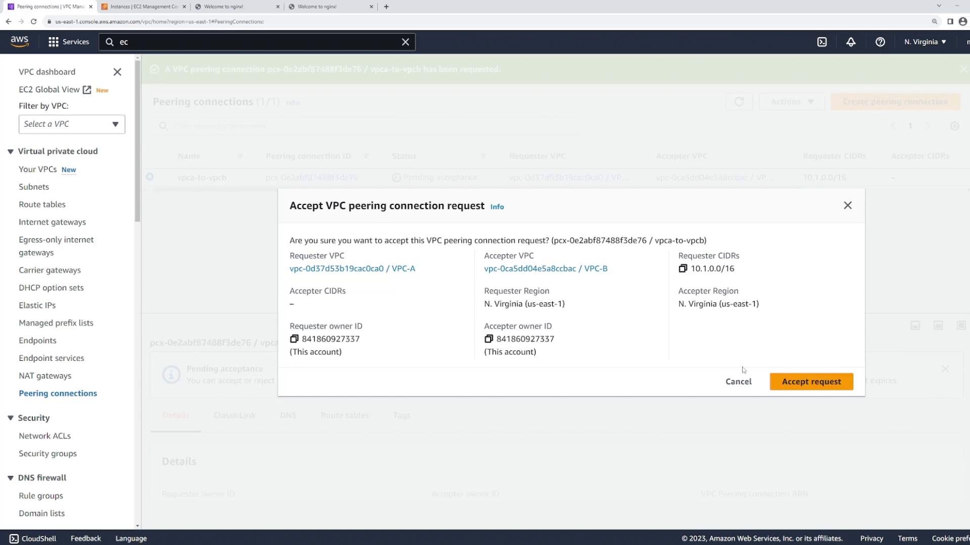 The screenshot shows the AWS VPC console with a modal dialog titled "Accept VPC peering connection request" displaying requester and accepter VPC details, owner IDs, and CIDR information. There are navigation menus on the left and an "Accept request" button at the bottom right of the dialog.