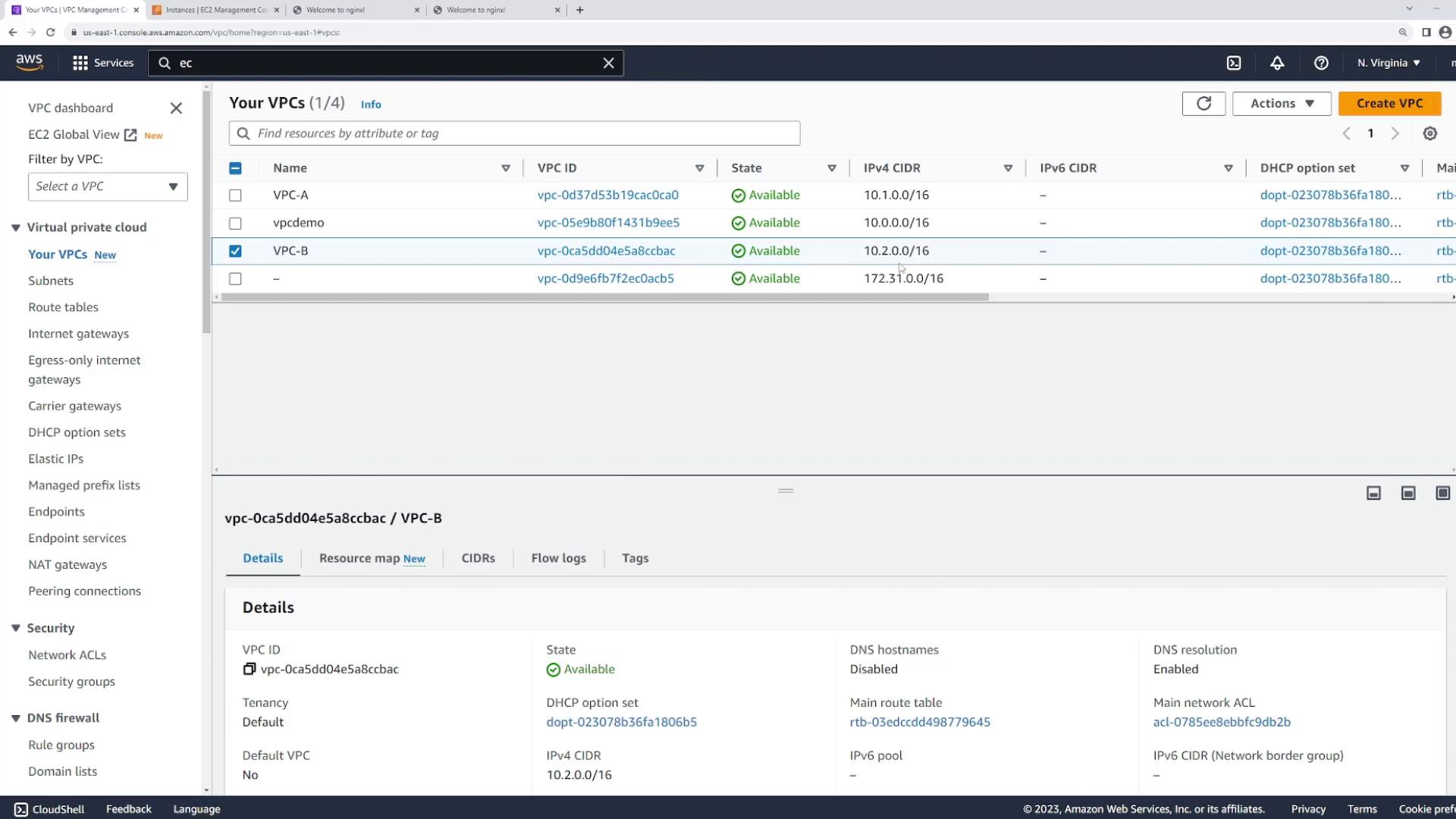 A screenshot of the Amazon Web Services VPC console listing four VPCs (including VPC-A, vpcdemo and a selected VPC-B) with their VPC IDs, state marked "Available," and IPv4 CIDR ranges. The left sidebar shows VPC navigation options like Subnets, Route tables, and Internet gateways.