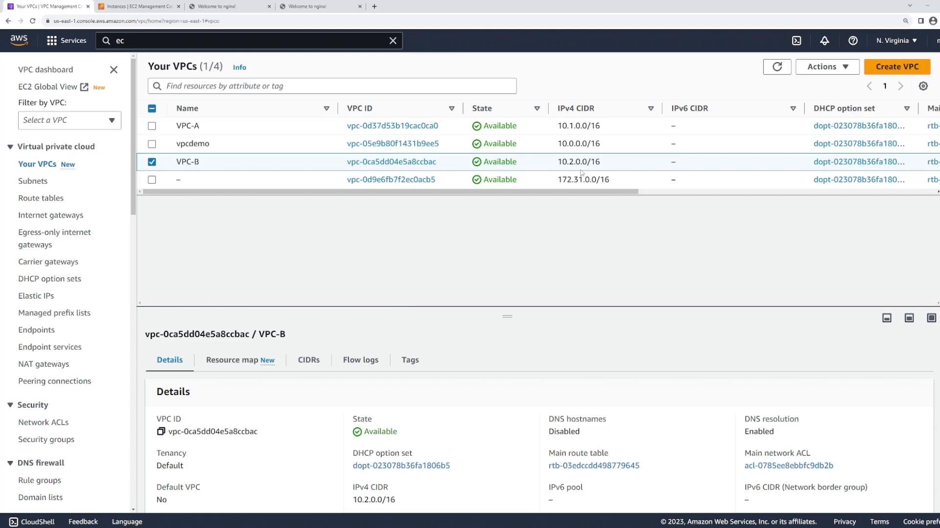 A screenshot of the Amazon Web Services VPC console listing four VPCs (including VPC-A, vpcdemo and a selected VPC-B) with their VPC IDs, state marked "Available," and IPv4 CIDR ranges. The left sidebar shows VPC navigation options like Subnets, Route tables, and Internet gateways.