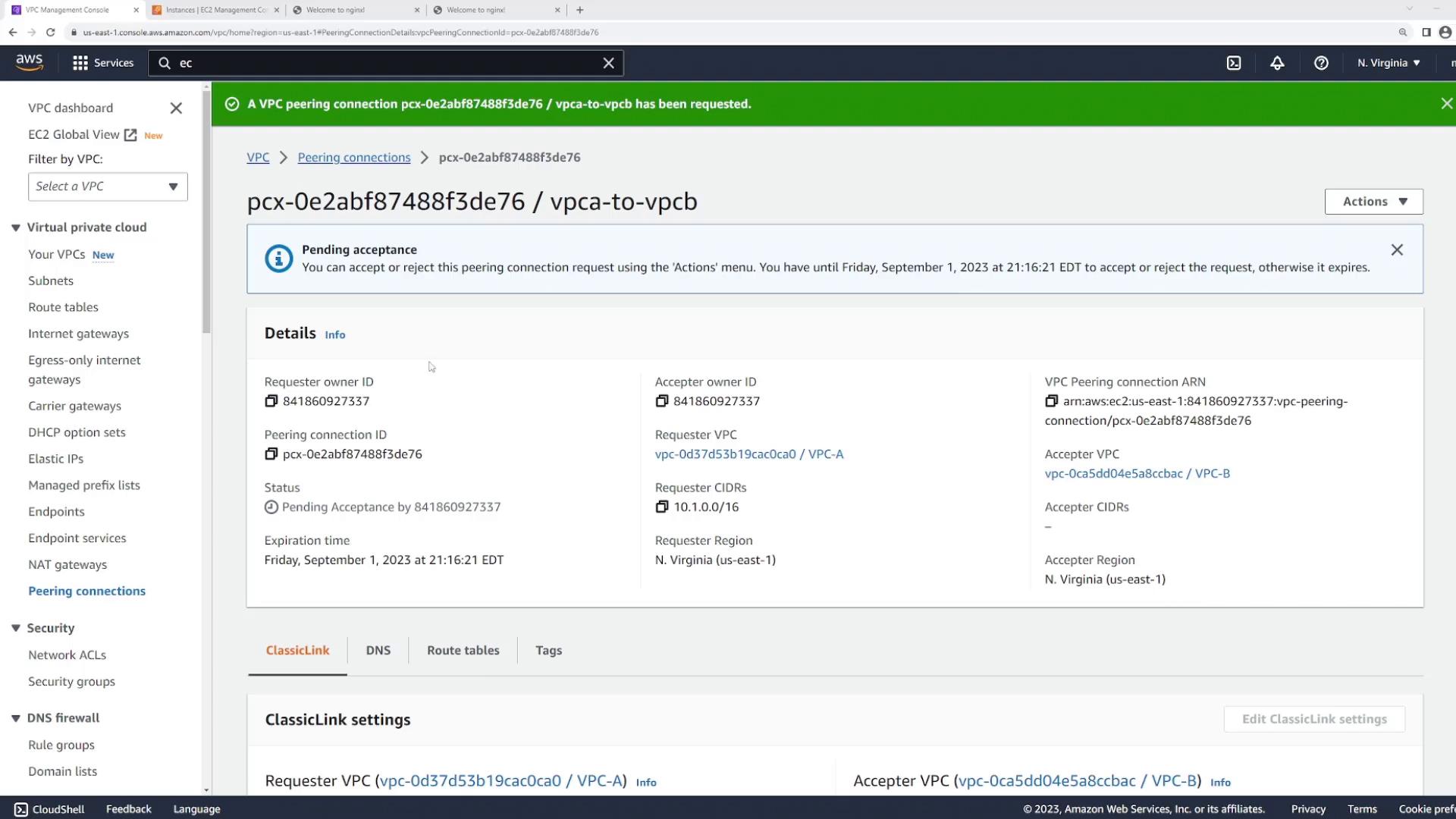 A screenshot of the AWS VPC Management Console showing details for a VPC peering connection (pcx-...) between two VPCs labeled VPC-A and VPC-B. The peering request is shown as "Pending acceptance" with owner IDs, CIDR info, and related settings tabs visible.
