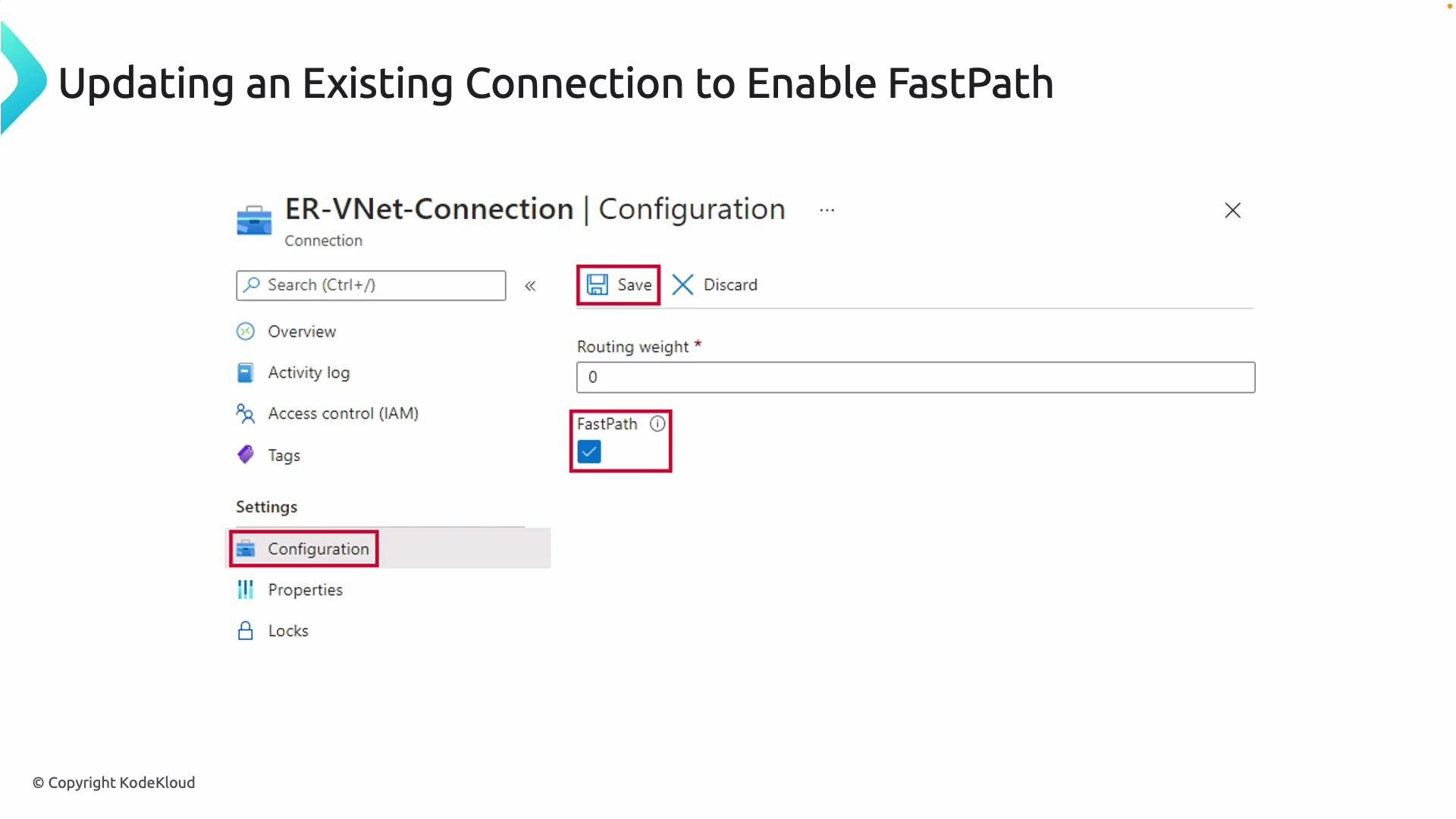 A screenshot of an Azure portal "ER-VNet-Connection | Configuration" page showing the Routing weight field and the FastPath checkbox checked, with the Save button highlighted. The left menu shows options like Overview, Activity log, Access control (IAM), Tags, and Configuration highlighted.