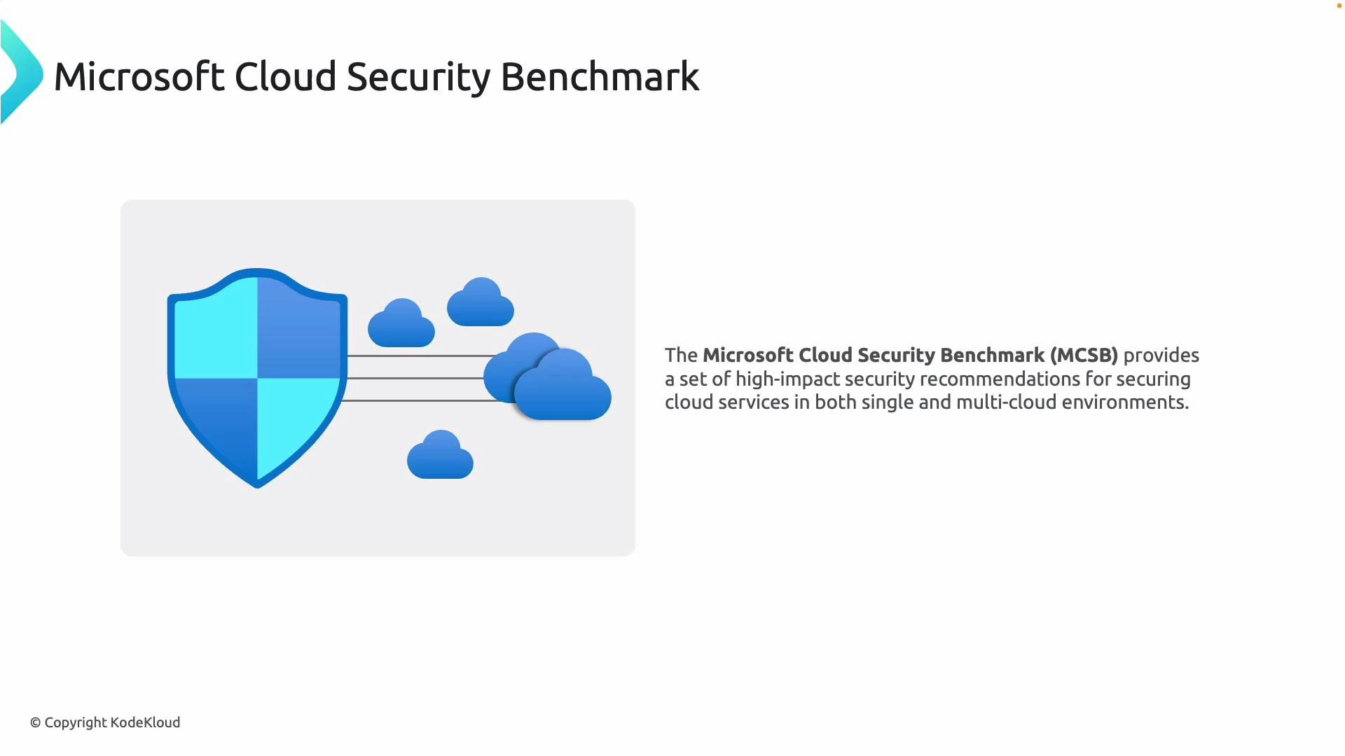 A presentation slide titled "Microsoft Cloud Security Benchmark" showing a large shield icon alongside several cloud icons. The slide text explains that MCSB provides high-impact security recommendations for securing cloud services in single and multi-cloud environments.