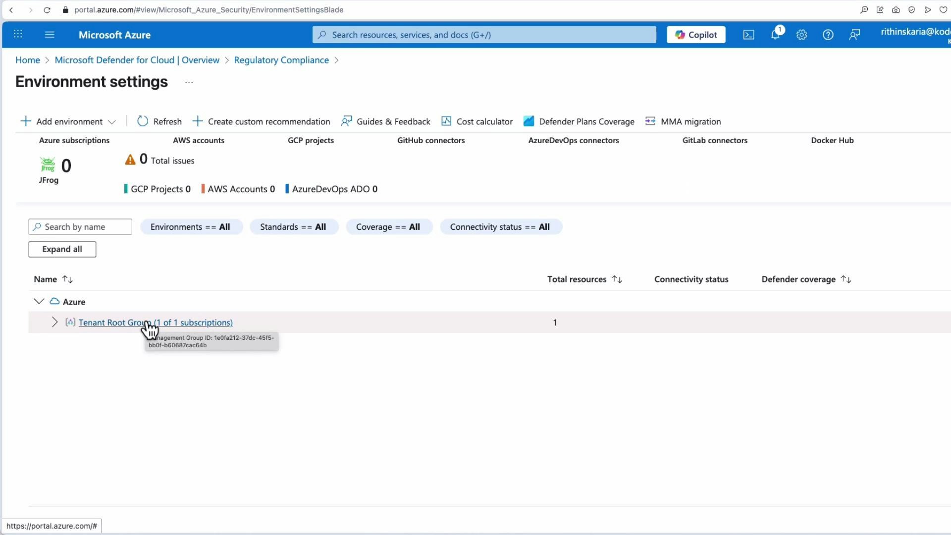 A screenshot of the Microsoft Azure portal showing the "Environment settings" page for Microsoft Defender for Cloud, with a "Tenant Root Group (1 of 1 subscriptions)" entry and icons for subscriptions, connectors, and coverage. The page includes search/filters and shows one total resource for the listed subscription.