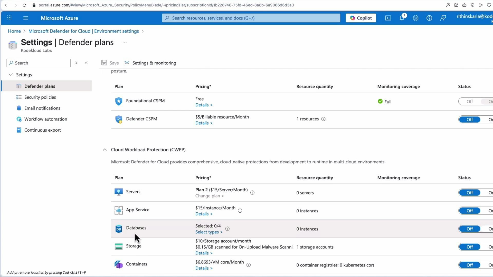 Screenshot of the Microsoft Azure portal showing the "Settings | Defender plans" page in Microsoft Defender for Cloud. It lists various Defender/CWPP plans with pricing, resource quantities and on/off toggles for monitoring coverage.