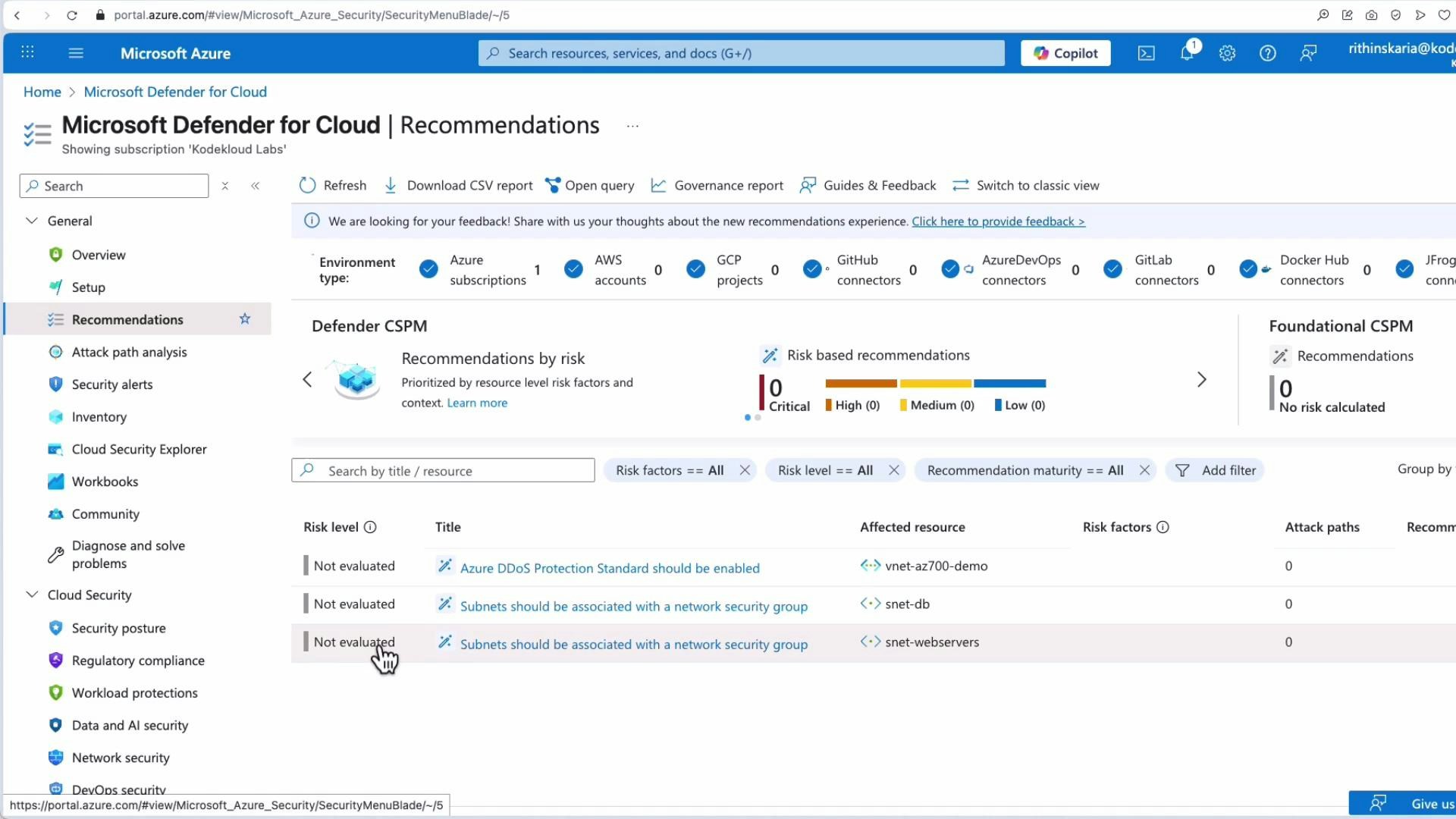 A screenshot of the Microsoft Azure portal showing the Microsoft Defender for Cloud "Recommendations" page for a subscription. It lists security recommendations (e.g., enable Azure DDoS Protection, associate subnets with network security groups) with risk levels shown as "Not evaluated."