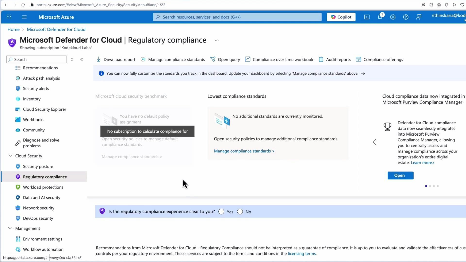 A screenshot of the Microsoft Azure portal showing the Microsoft Defender for Cloud "Regulatory compliance" dashboard. The left navigation menu and a main panel display options like "Manage compliance standards" and a message saying "No subscription to calculate compliance for."