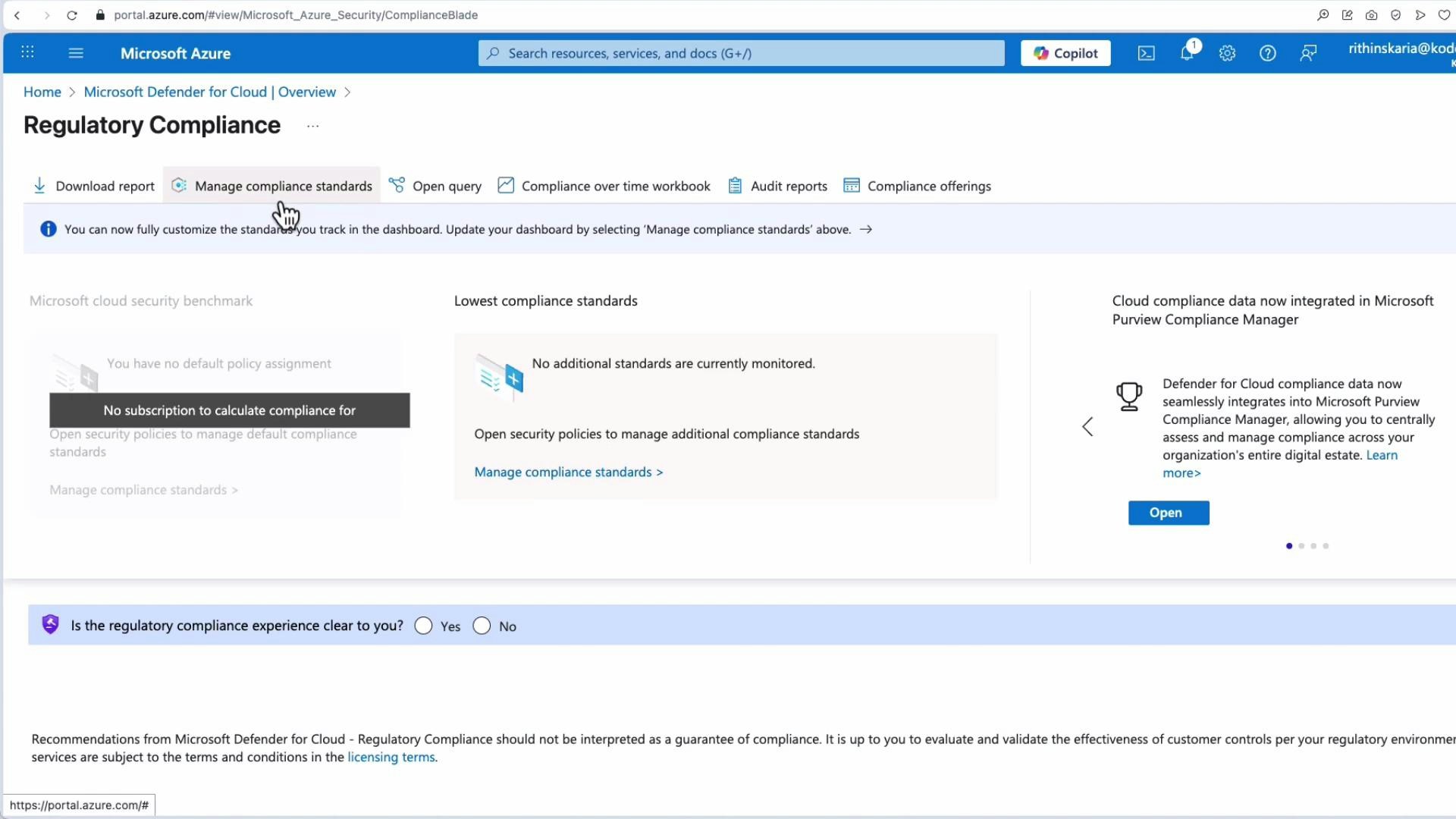 A screenshot of the Microsoft Azure "Regulatory Compliance" dashboard (Microsoft Defender for Cloud) showing toolbar options like Download report and Manage compliance standards, with a central message saying "No subscription to calculate compliance for" and "No additional standards are currently monitored." The right pane highlights integration with Microsoft Purview Compliance Manager and includes an "Open" button.