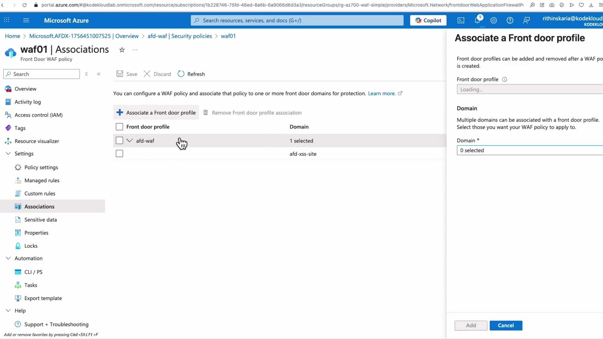 Screenshot of the Microsoft Azure portal showing the "waf01 | Associations" page for a Front Door WAF policy, listing front door profiles (afd-waf, afd-xss-site) and options to associate or remove profiles. A right-hand pane titled "Associate a Front door profile" is open with a Domain selector and Add/Cancel buttons.