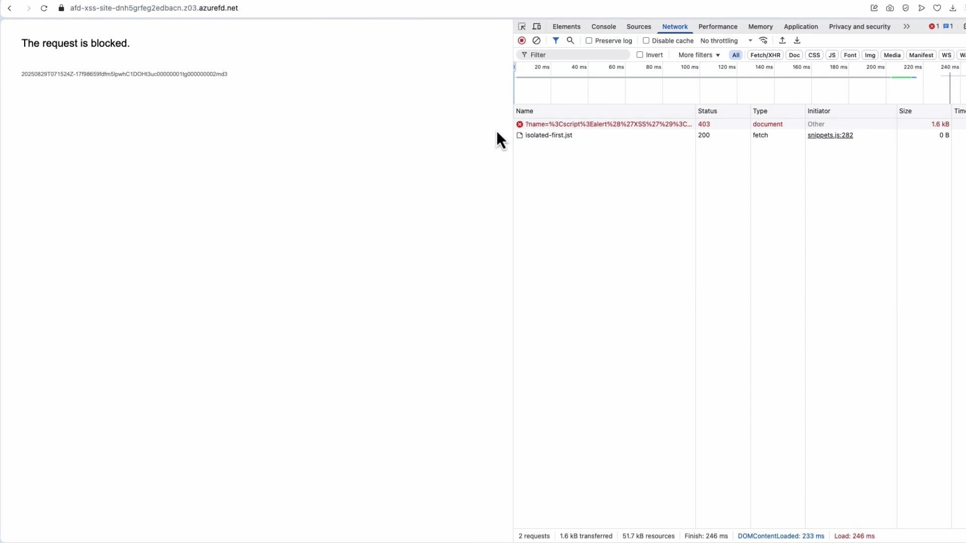 A browser screenshot showing a webpage that reads "The request is blocked." on the left. On the right the developer tools Network panel is open, listing a failed request (403) and other network entries.