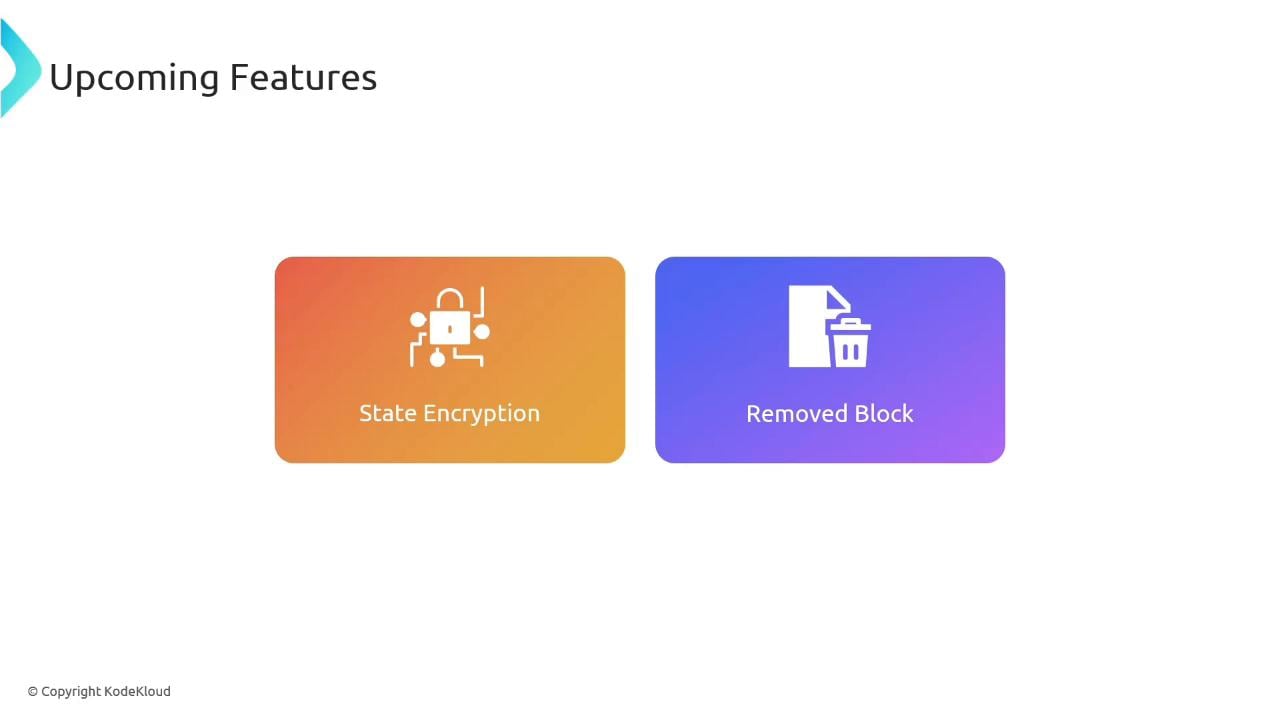 A presentation slide titled "Upcoming Features" showing two feature cards: an orange "State Encryption" card with a lock icon and a purple "Removed Block" card with a document-and-trash icon.