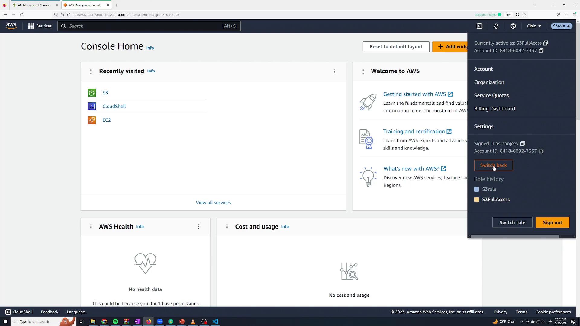 A screenshot of the AWS Management Console "Console Home" showing recently visited services (S3, CloudShell, EC2) and dashboard tiles for AWS Health and Cost & usage. The account/role menu is open on the right, showing an active S3FullAccess role with the "Switch back" button highlighted.