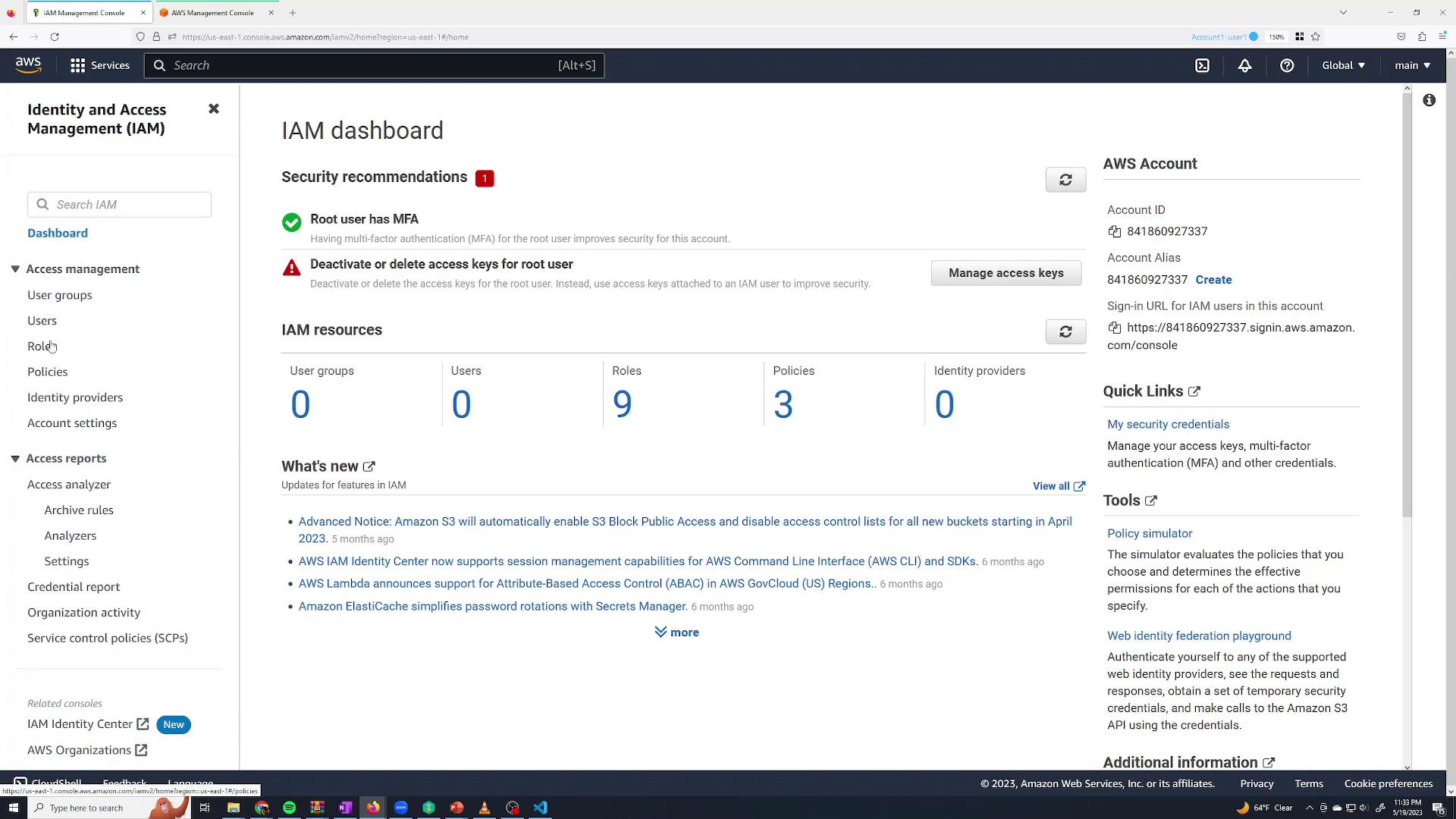 A screenshot of the AWS Identity and Access Management (IAM) dashboard in the AWS Management Console. It shows security recommendations, IAM resource counts (e.g., Users 0, Roles 9, Policies 3) and account details on the right.