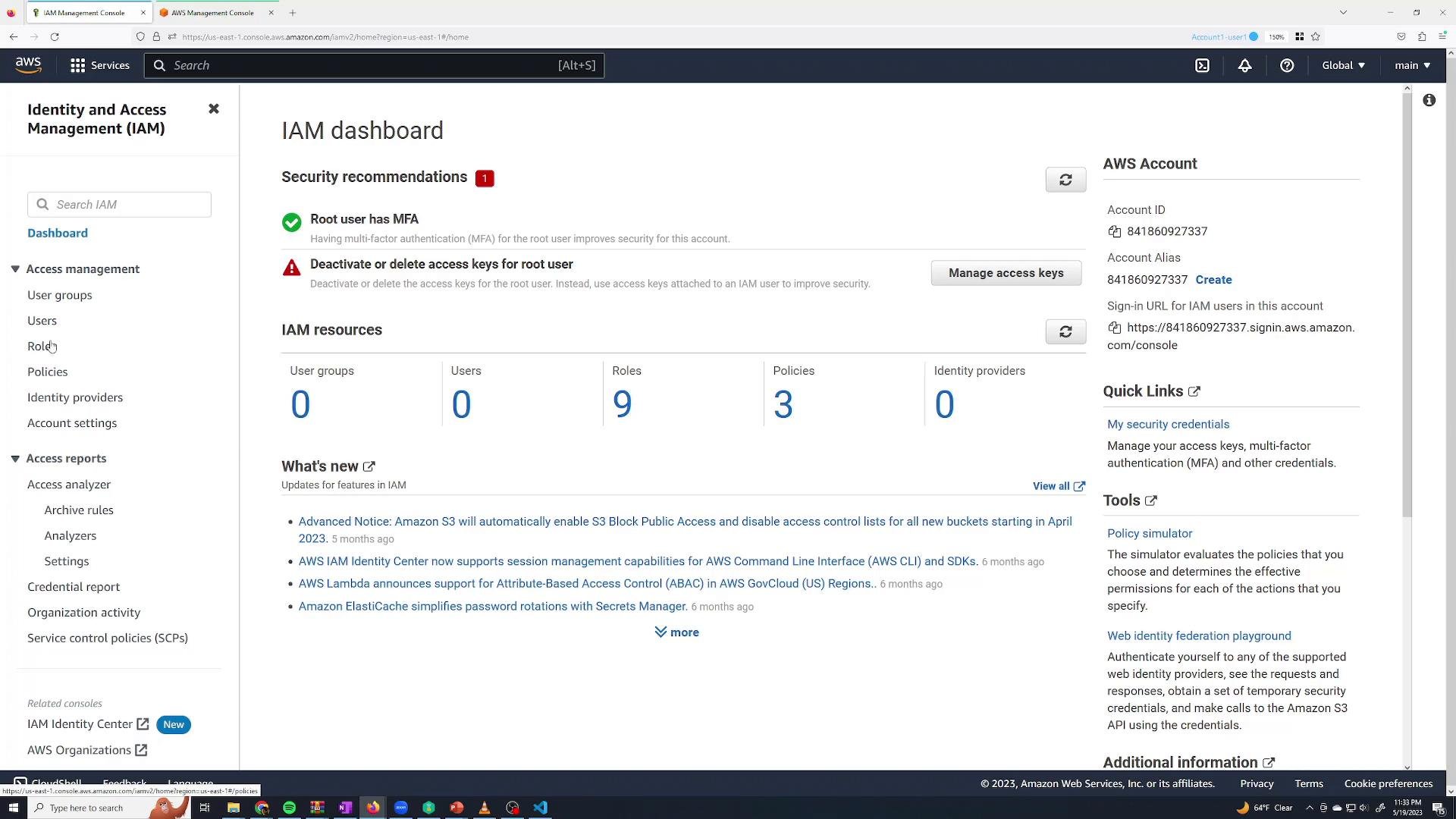 A screenshot of the AWS Identity and Access Management (IAM) dashboard in the AWS Management Console. It shows security recommendations, IAM resource counts (e.g., Users 0, Roles 9, Policies 3) and account details on the right.