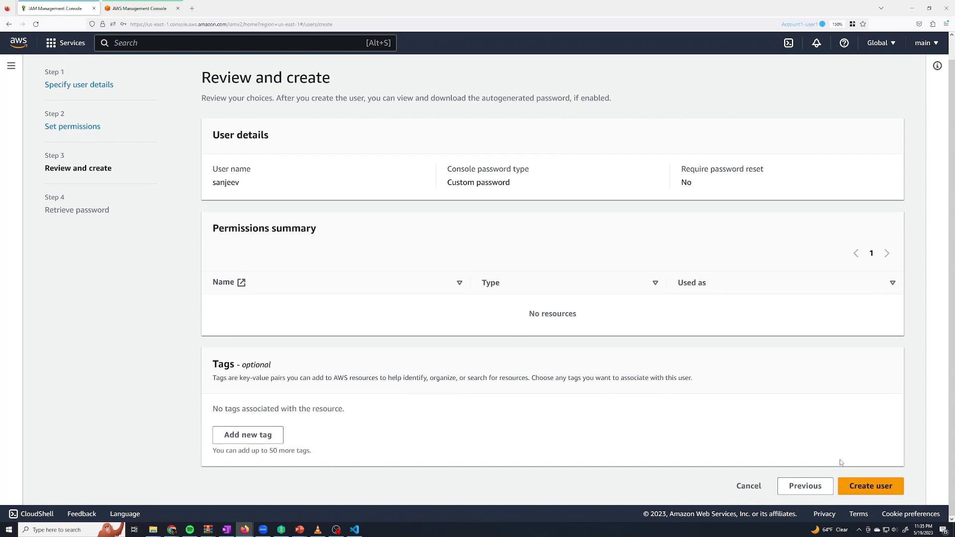 Screenshot of the AWS IAM Management Console on the "Review and create" page for creating a user. It shows user details for "sanjeev", a permissions summary (no resources), tag options, and the "Create user" button.