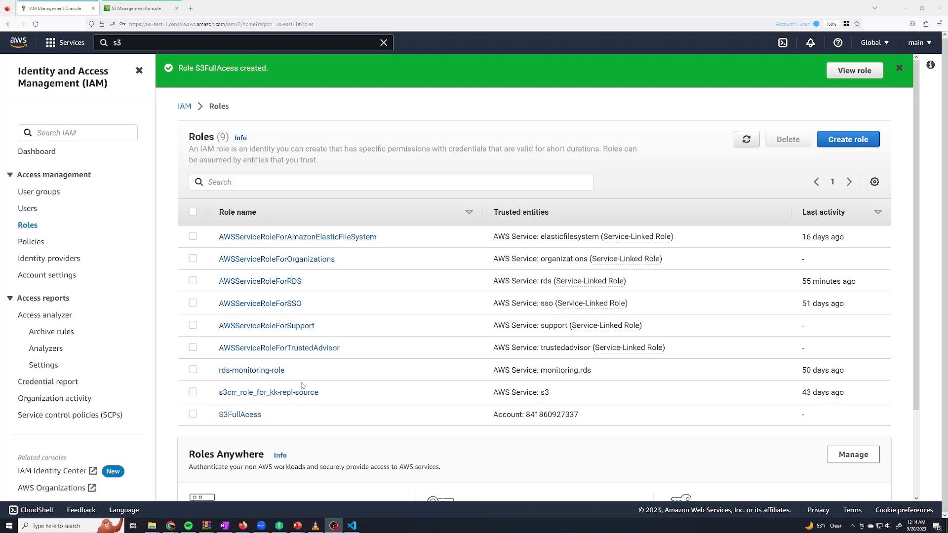 Screenshot of the AWS Identity and Access Management (IAM) console showing the Roles page with a list of IAM roles, their trusted entities, and last activity. A green banner at the top reads "Role S3FullAccess created."