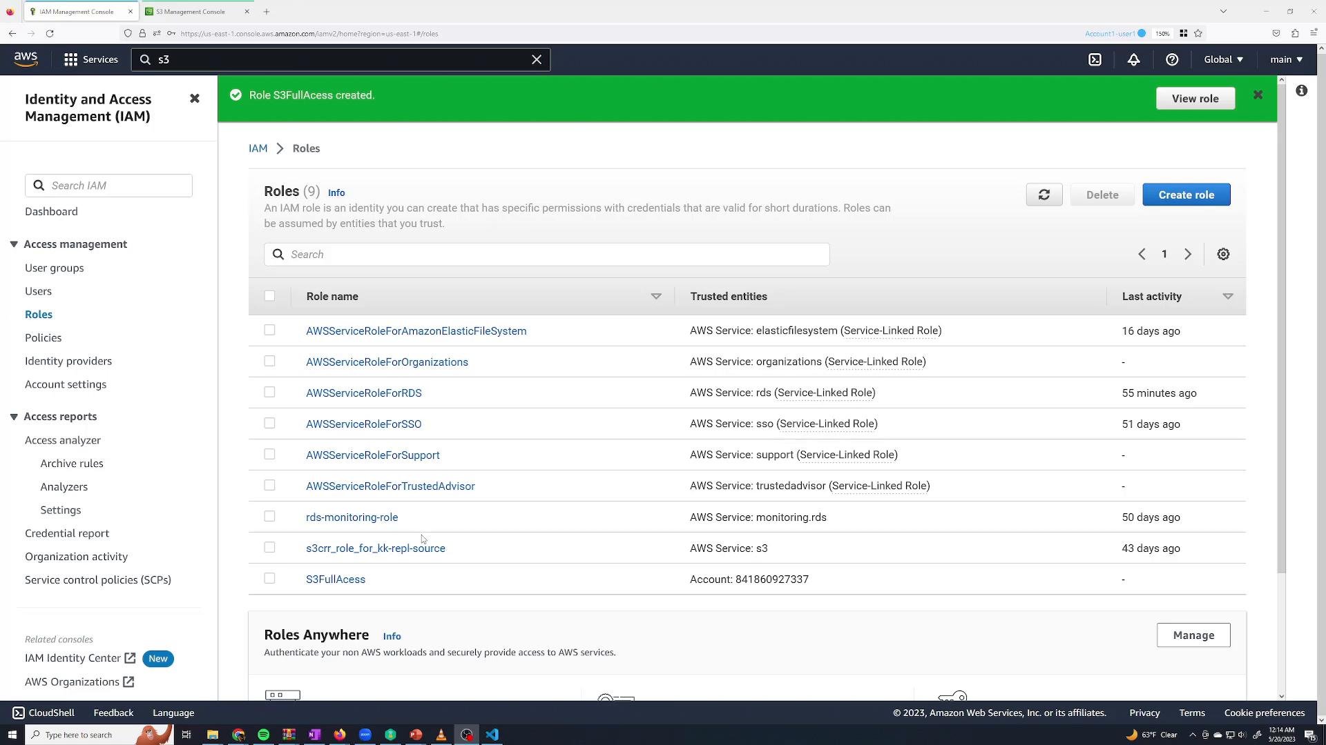 Screenshot of the AWS Identity and Access Management (IAM) console showing the Roles page with a list of IAM roles, their trusted entities, and last activity. A green banner at the top reads "Role S3FullAccess created."